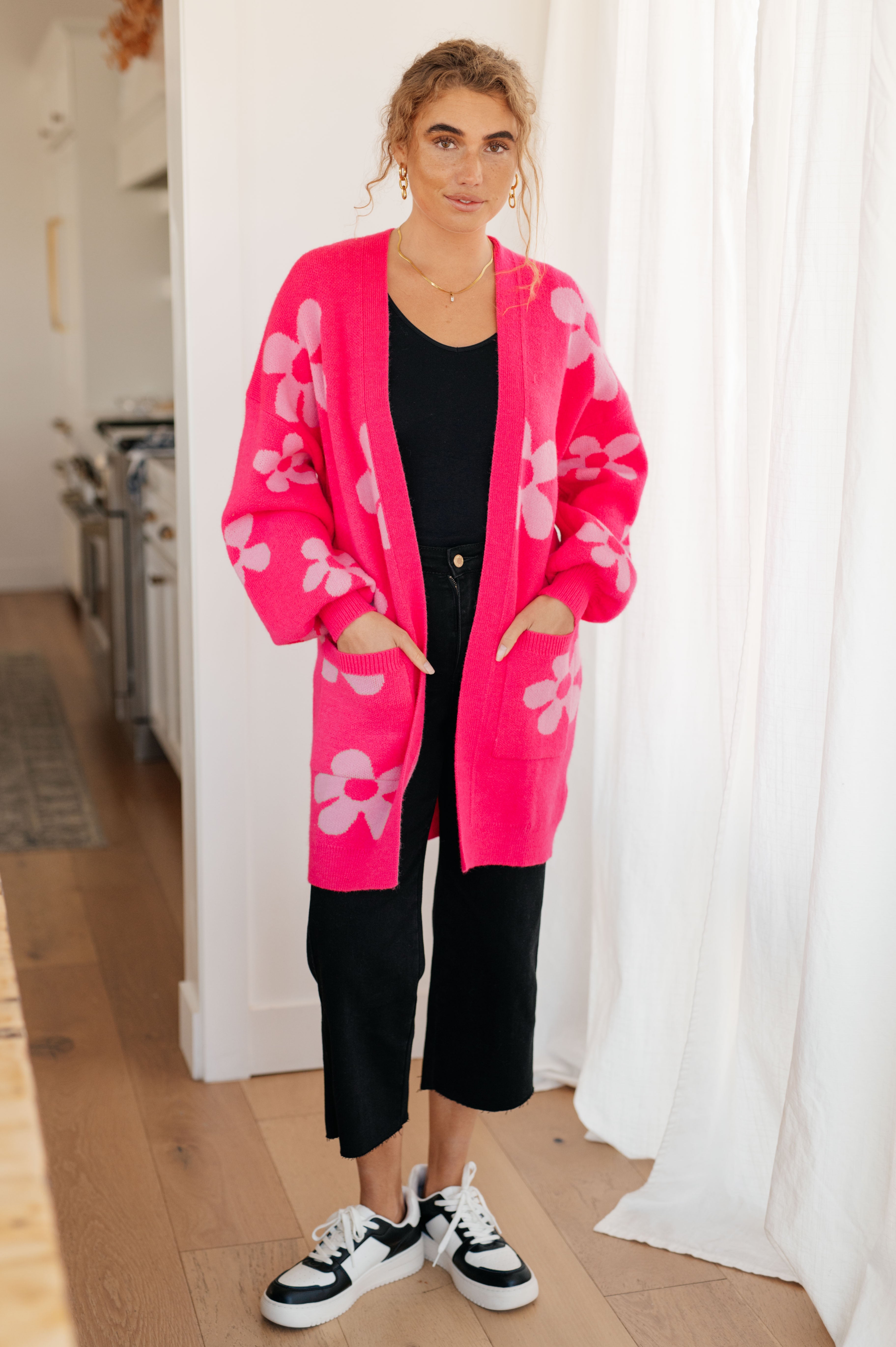 Floral Cardigan for Women - Pink Knit Open Front Sweater | Lightweight & Comfortable | Perfect for Spring, Summer, and Casual Outfits