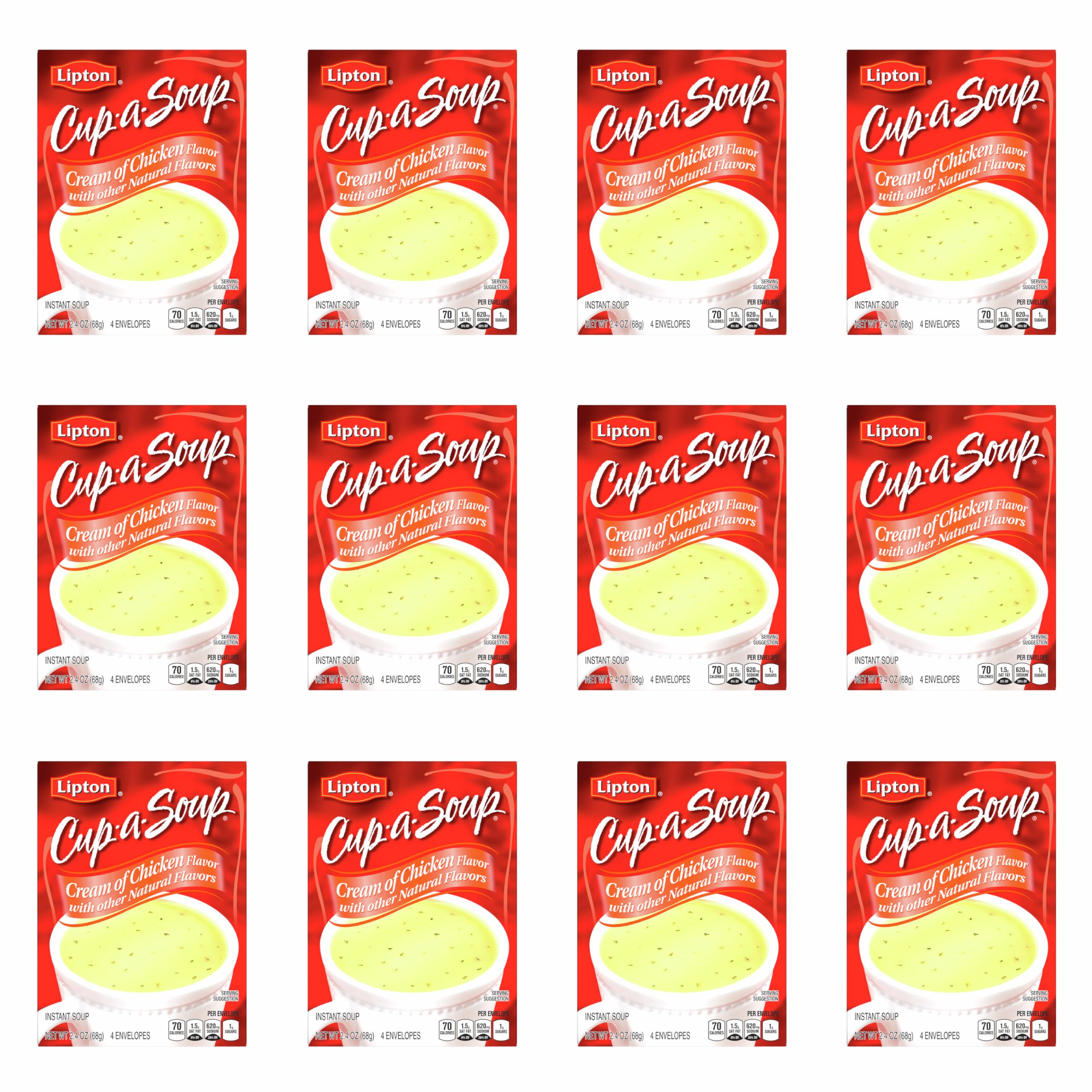 Lipton Cup-a-Soup Instant Cream of Chicken Soup - 70 Calories per Serving, 4 Count (12 Pack) - Quick & Easy Meal Solution for Office Lunch, Camping & Busy Days
