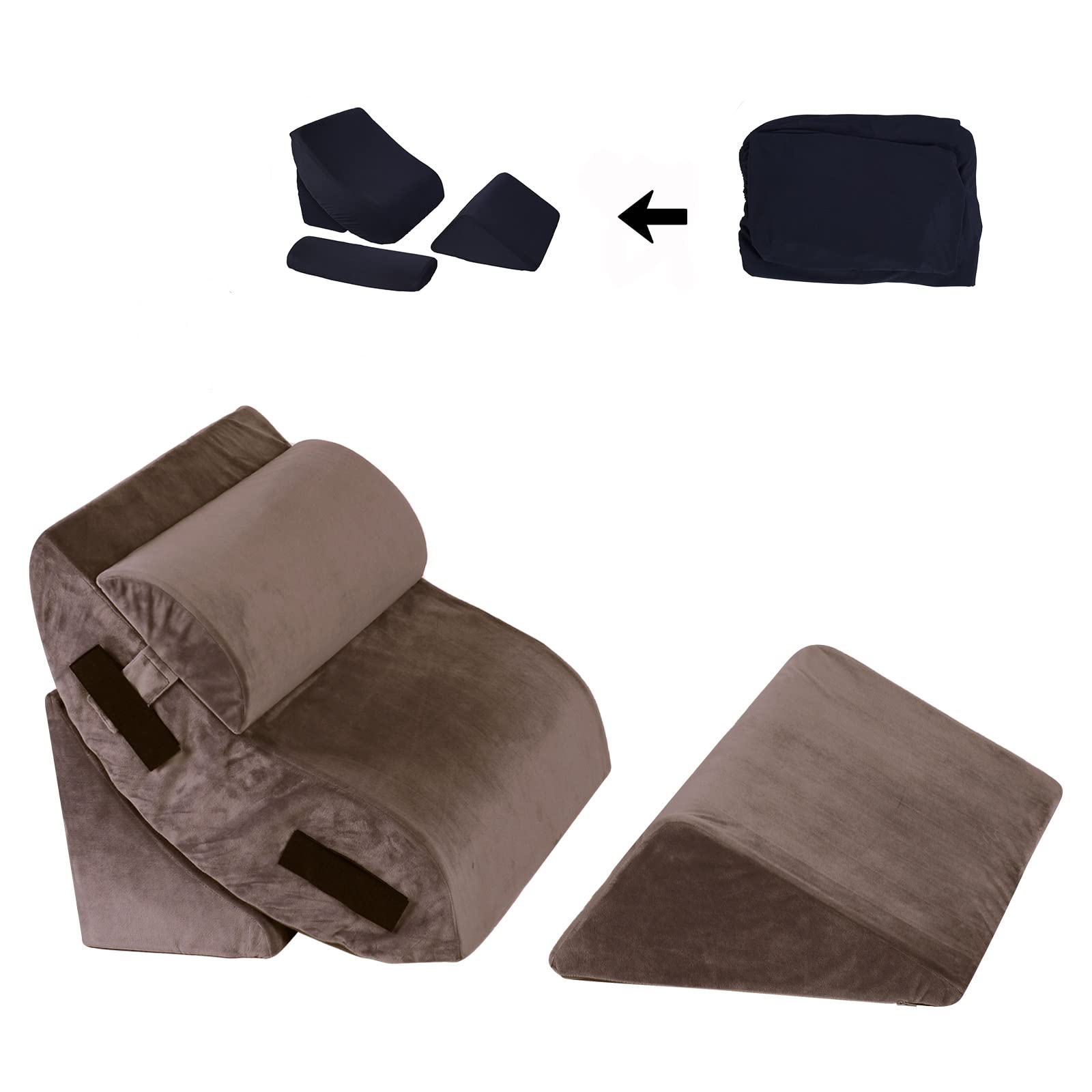 4PCS Orthopedic Wedge Pillows for Post-Surgery Recovery, Back Support Sitting in Bed, Adjustable Bed Wedge for Acid Reflux & GERD Relief - Perfect for Sleeping, Reading & Watching TV (Brown)