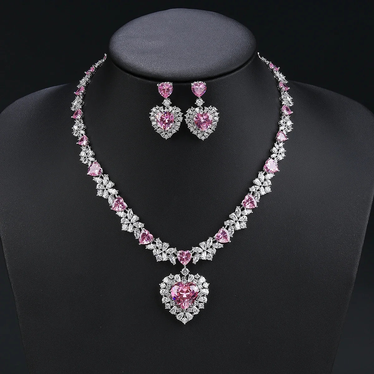 Elegant Cubic Zirconia Heart Necklace & Earrings Set for Women - Luxury Wedding Jewelry, Bridal Gift, Anniversary Present - Perfect for Weddings, Date Nights, and Special Occasions