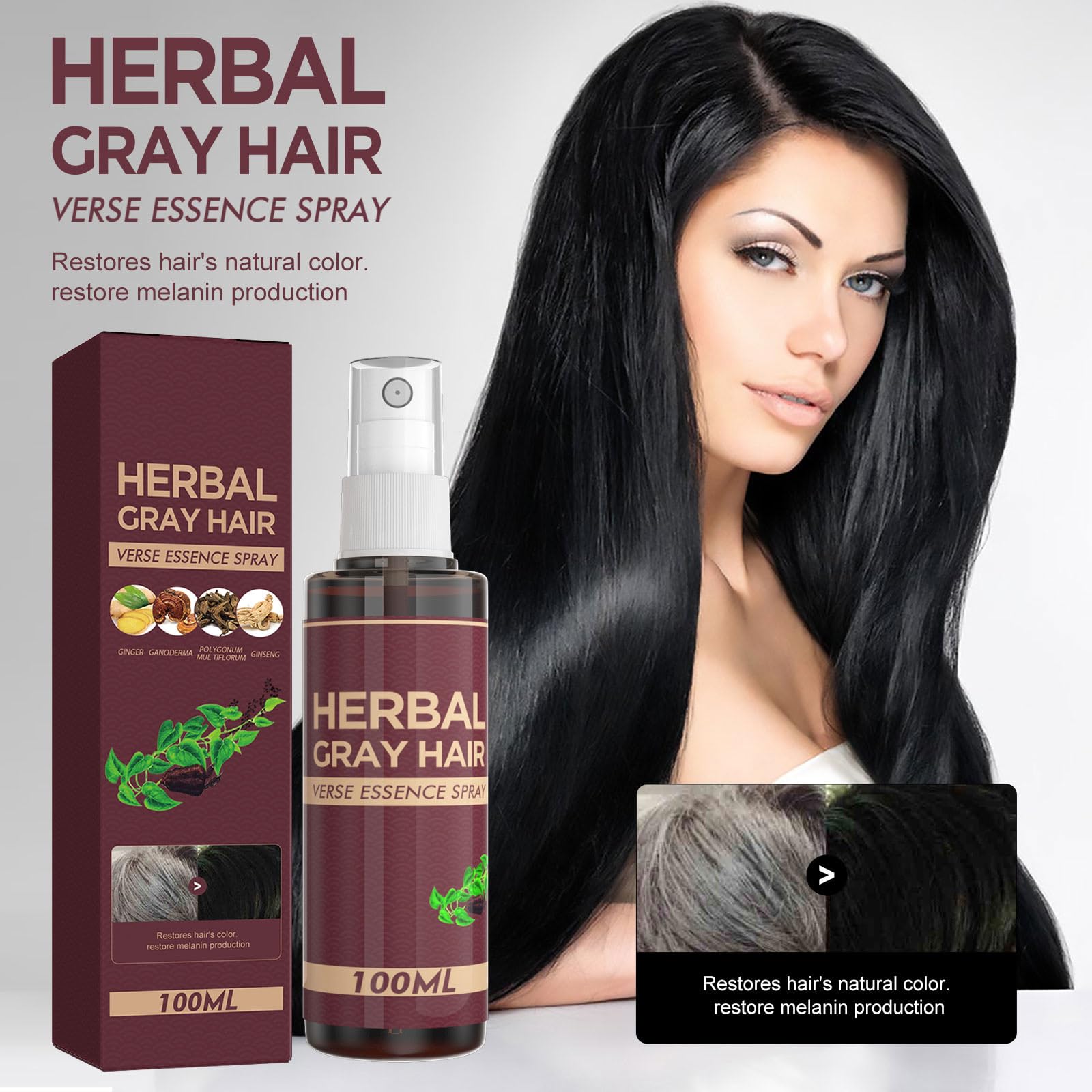 Herbal Essence Gray Hair Reverse Spray - Natural Hair Darkening & Coloring Conditioner for Gradual Results (Lasts 4 Weeks) | Perfect for Covering Gray Hair & Enhancing Hair Color at Home
