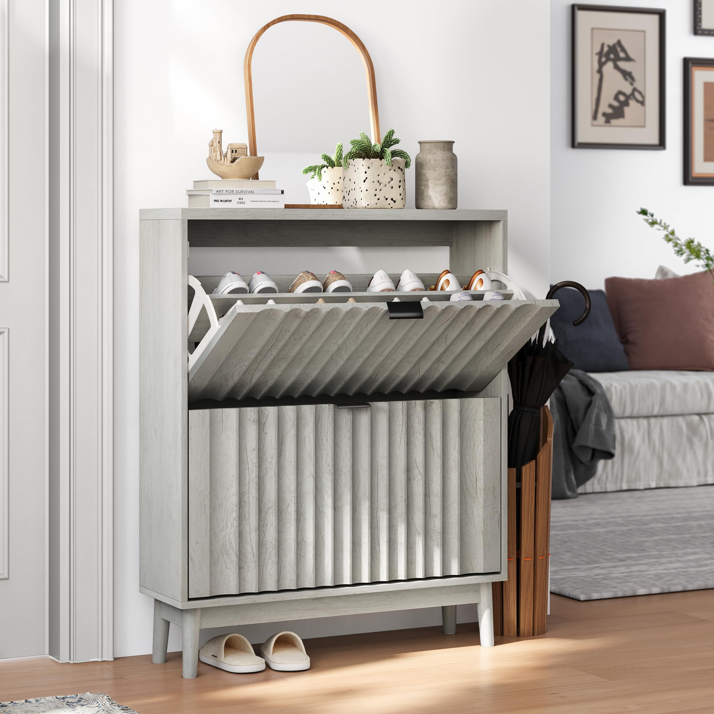 Modern Fluted Shoe Cabinet with 2 Flip Wave Panel Drawers - Solid Wood Legs Hidden Shoe Organizer - Entryway Storage Cabinet for Hallway - Light Wood Grey Finish - Perfect for Small Spaces & Apartment Living