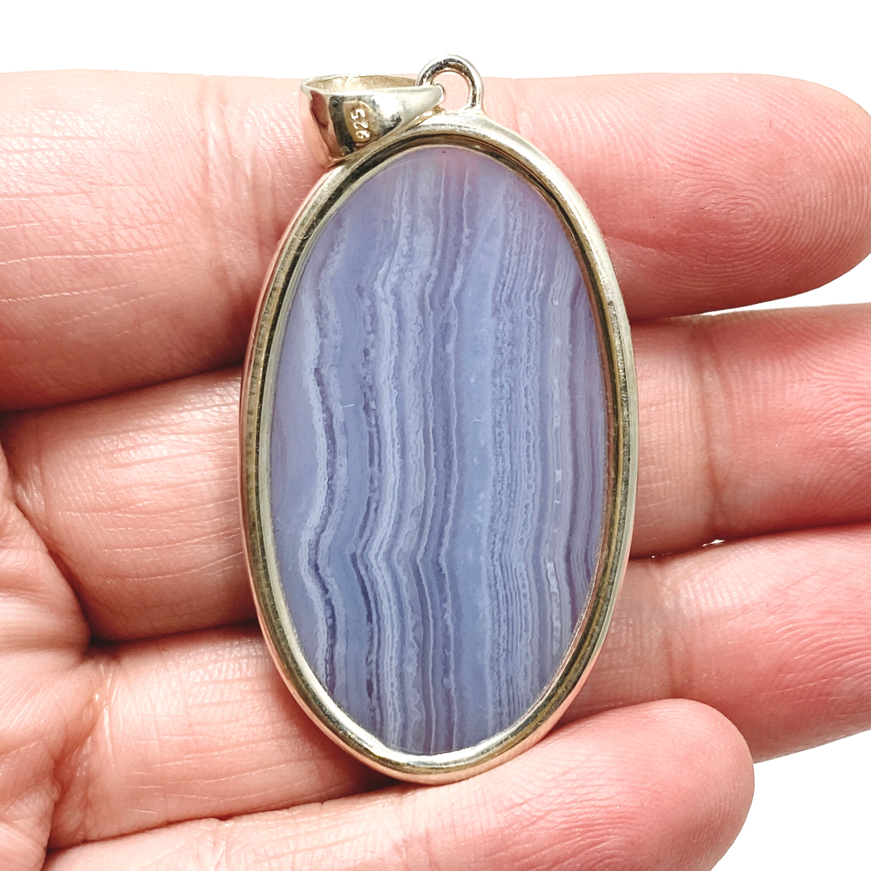 Blue Lace Agate Oval Cabochon Pendant KPGJ4825 - Natural Stone Jewelry for Women, Healing Crystal Necklace - Perfect for Meditation, Yoga & Spiritual Gifts