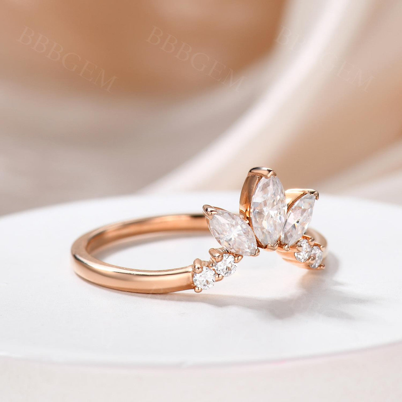 18K Rose Gold Three Stone Graduated Marquise & Round Moissanite Diamond Curve Band Ring | Elegant Wedding, Engagement, Anniversary Jewelry Gift for Women