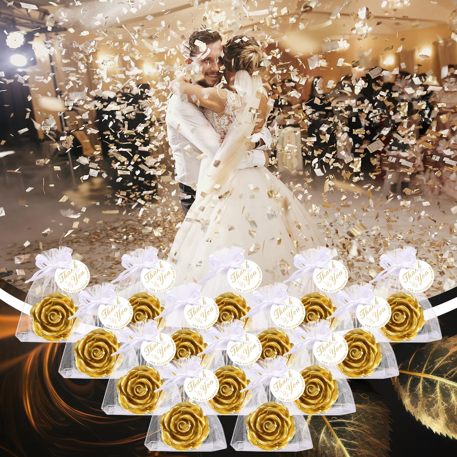 24-Pack Rose Tealight Candles for Wedding Favors & Parties - Gold Mini Floral Candles for Birthdays, Showers, Housewarming