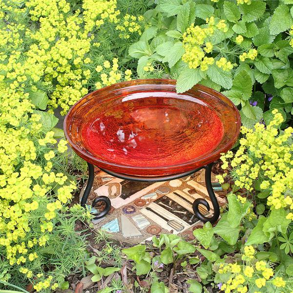 Handmade Mandarin Crackle Glass Birdbath Bowl - Outdoor Garden Decoration for Birds & Wildlife - Perfect for Patio, Yard & Backyard Bird Watching