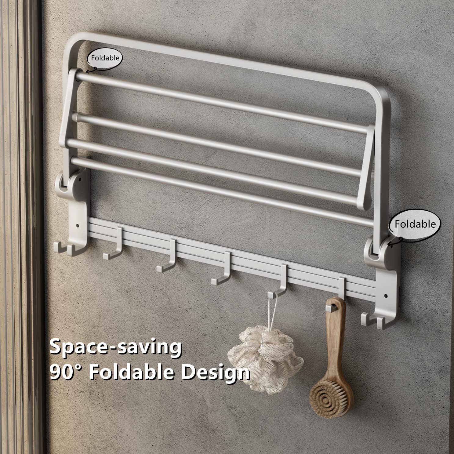 Foldable Wall Mounted Towel Rack with Bar & Hooks - 23.6 Inch Bathroom Towel Organizer Shelf in Matte Silver - Perfect for Small Bathrooms, Laundry Rooms & Spa Spaces
