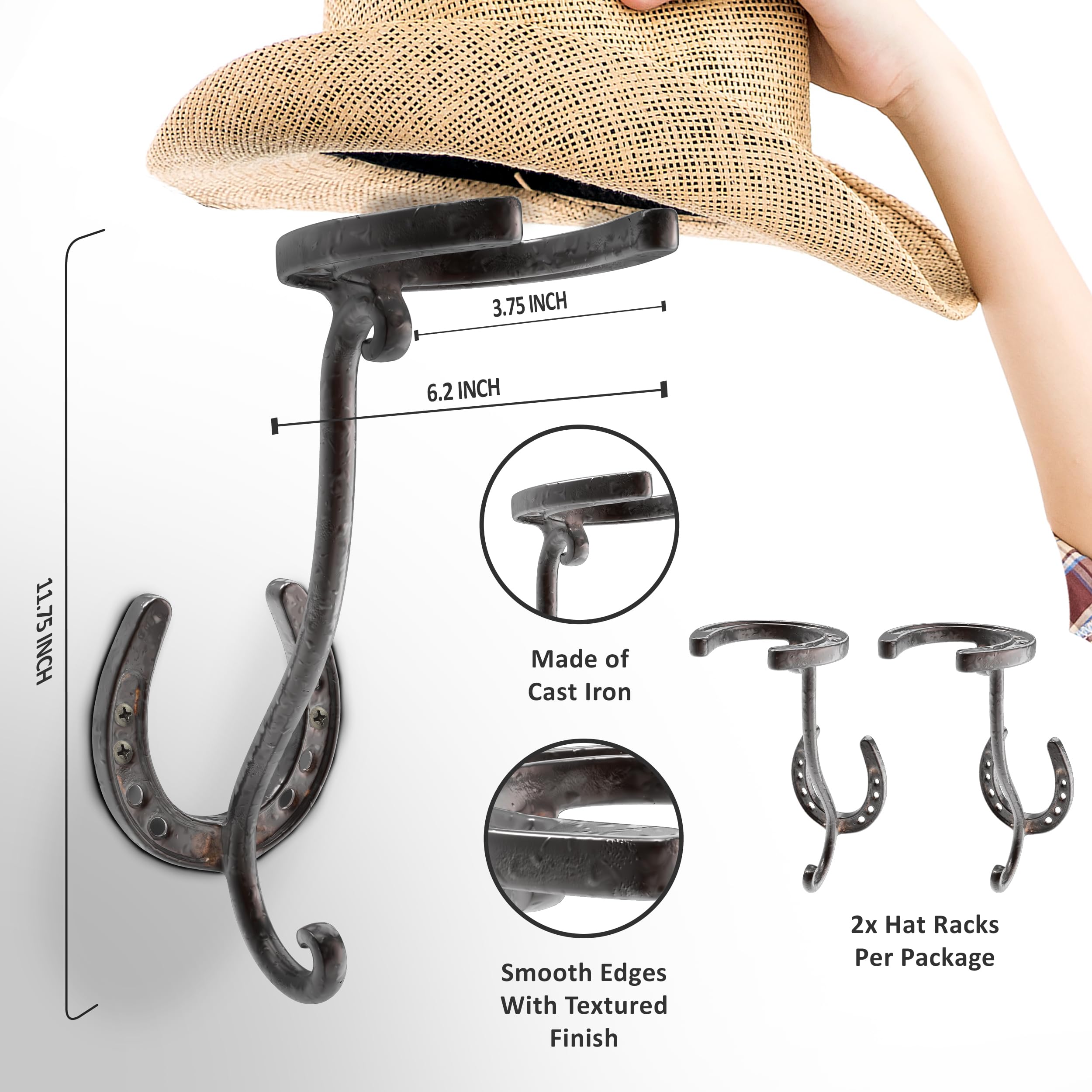 2-Pack Cowboy Hat Wall Hooks - Heavy Duty Iron Hat Rack & Organizer for Hats, Coats, Keys - Rustic Western Horseshoe Wall Mount Storage - Perfect for Entryway, Mudroom, or Western-Themed Home Decor