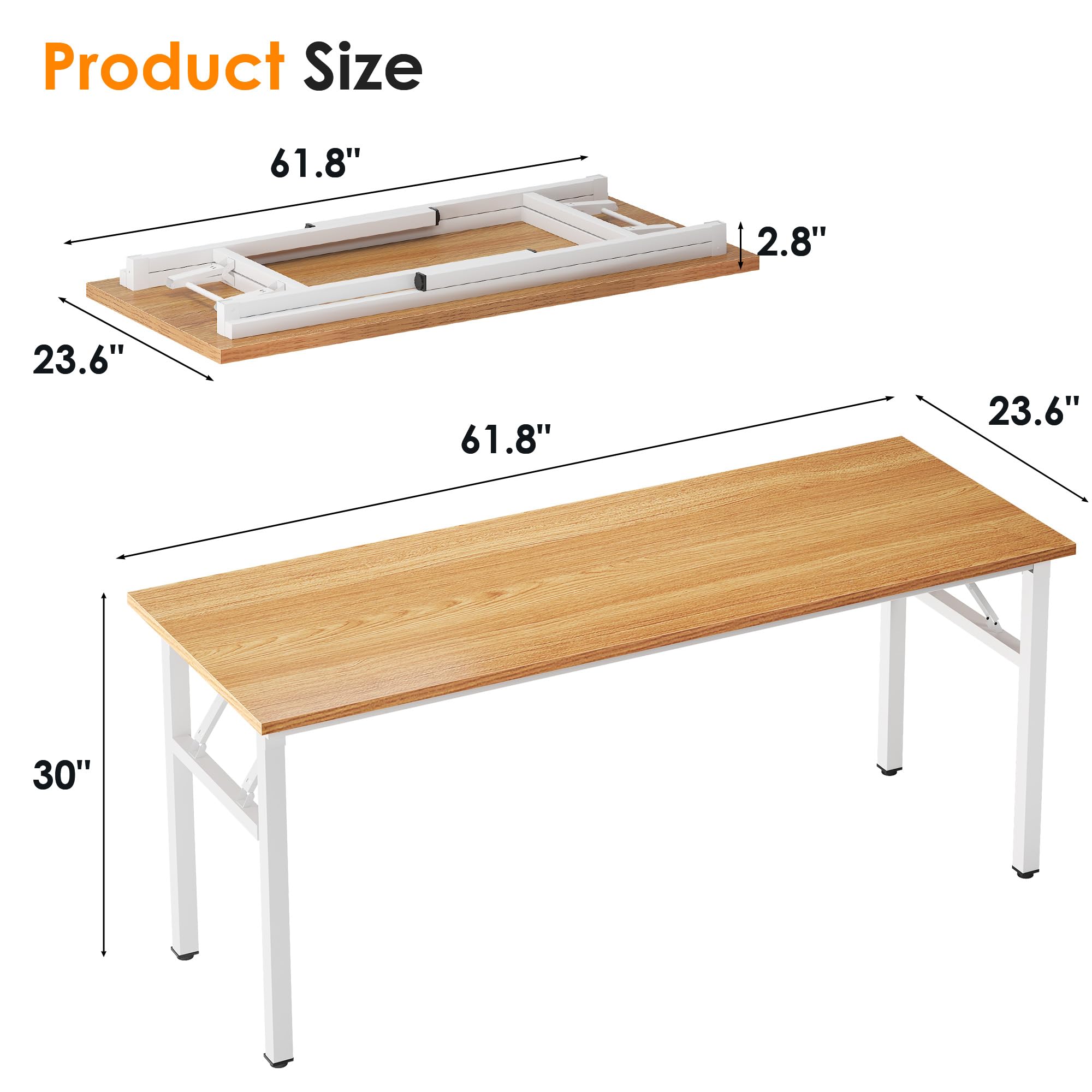 62 Inch BIFMA Certified Folding Computer Desk - Teak White Office Workstation & Conference Table for Home Office, Gaming Setup & Small Business Workspace