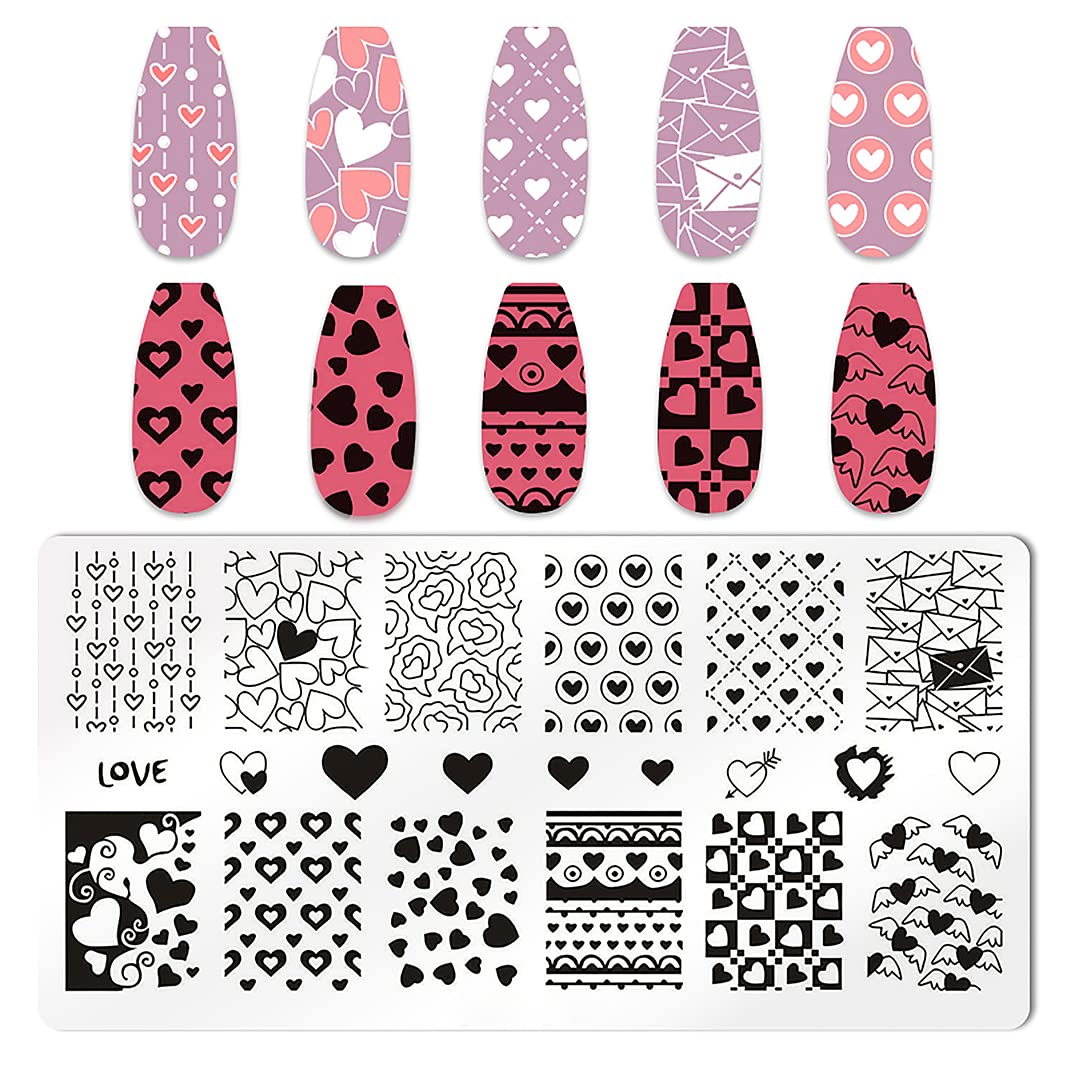 6pcs Valentine's Day Love Heart Nail Stamping Plates Kit - Romantic Heart Image Designs for Nail Art, DIY Manicure Tools for Women | Perfect for Valentine's Gifts, Date Nights & Bridal Nail Designs