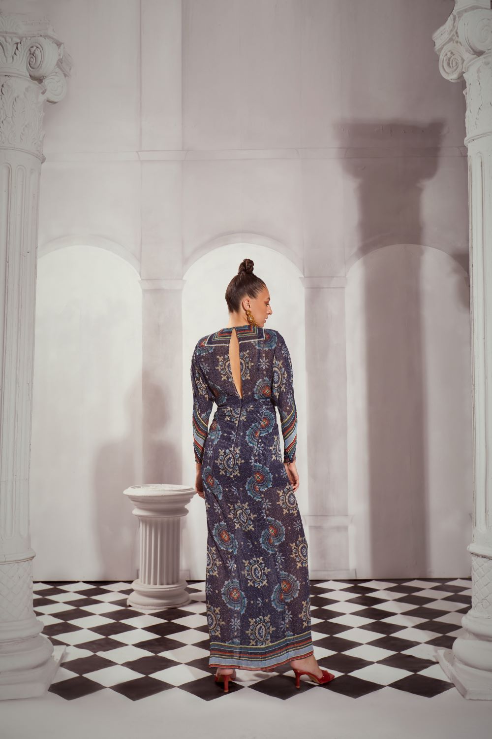 Elegant Blue Mosaic Print Draped Maxi Dress for Women - Boho Chic Summer Beach Dress for Vacations & Parties
