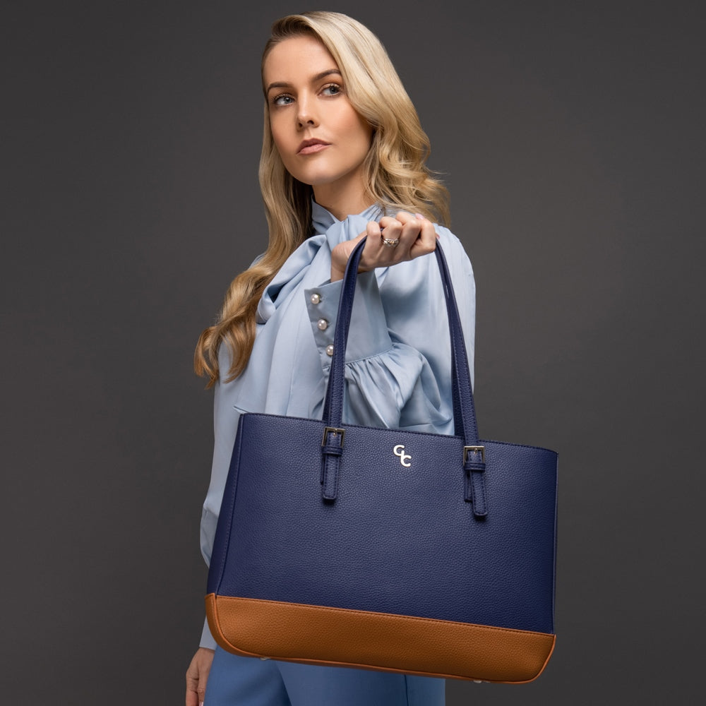 Galway Crystal Fashion Two Tone Tote Bag for Women - Navy/Tan Waterproof Handbag - Perfect for Work, Travel & Daily Use