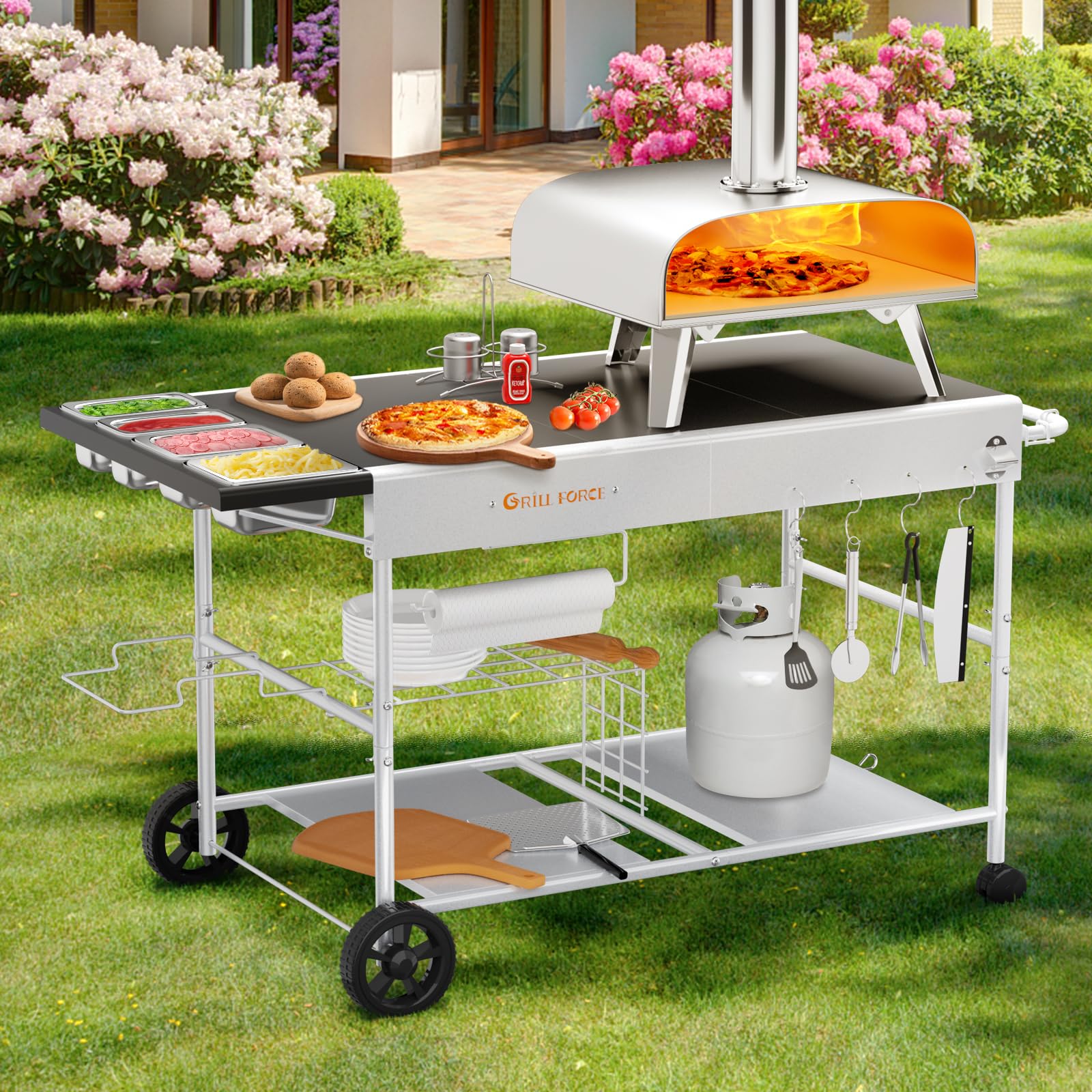 Premium Outdoor Pizza Oven Cart with Topping Station - Heavy Duty Grill Table for Ooni Koda/Karu/Fyra 16 & 12, Ninja Woodfire & Blackstone - Perfect for Backyard Cooking, Patio Entertaining & Outdoor Pizza Parties