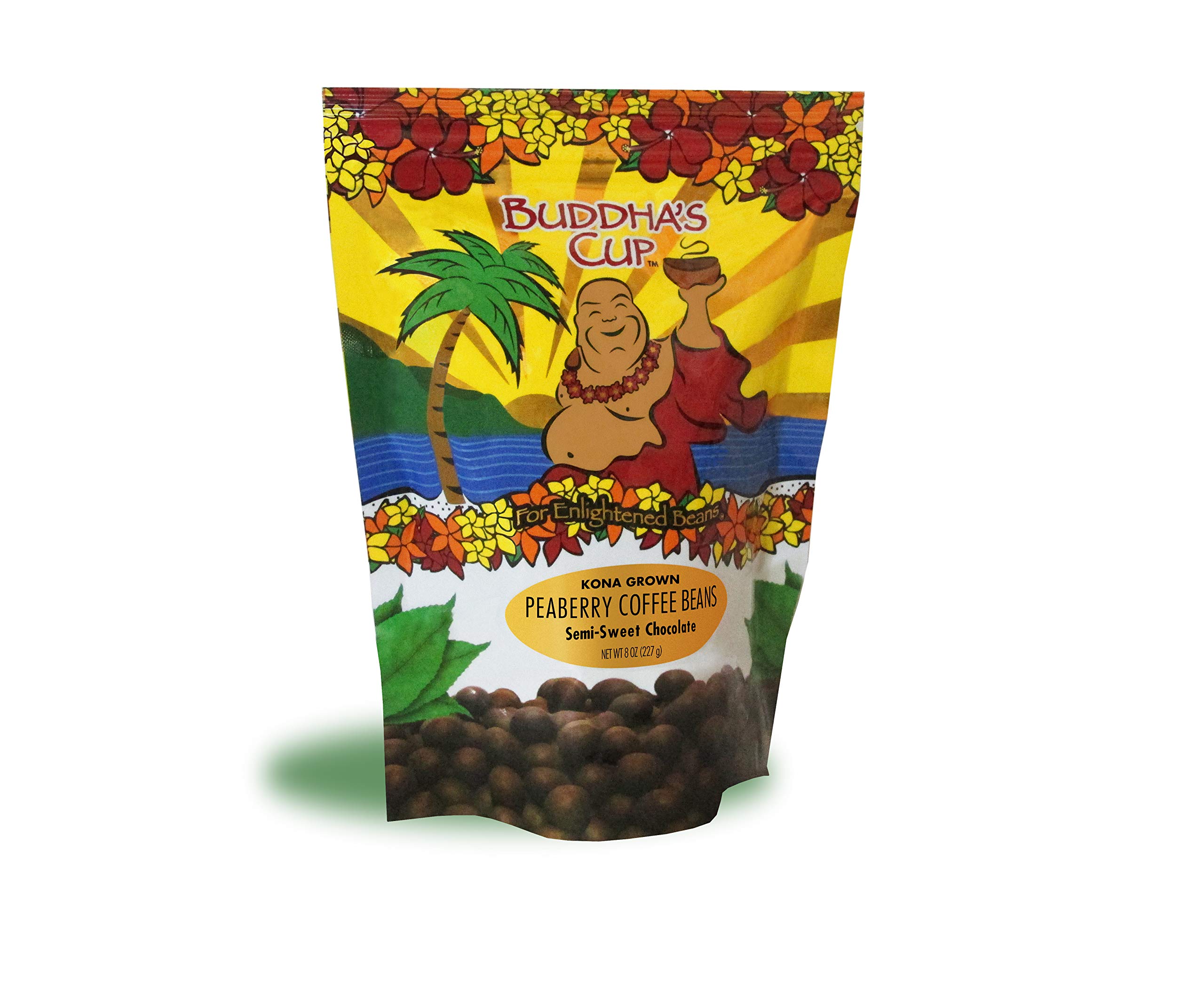 Premium Semi-Sweet Chocolate Covered Kona Peaberry Coffee Beans by Buddha's Cup - 100% Hawaiian Kona Coffee - 8oz Bag - Perfect for Gifts, Office Snacks & Coffee Lovers