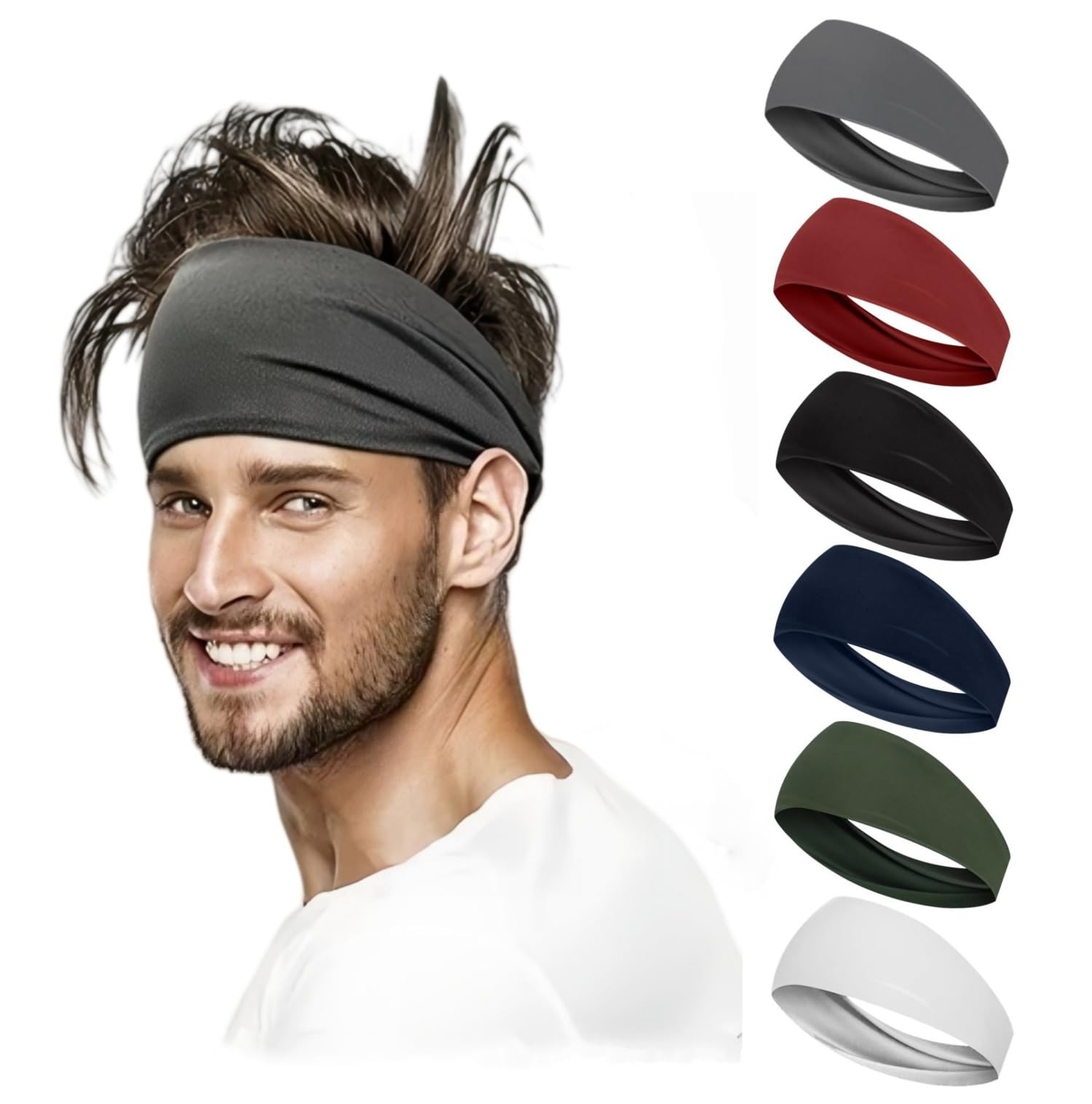 6 Pack Men's Workout Headbands - Stretchy Running & Sports Sweatbands for Gym, Jogging, Yoga & Outdoor Activities