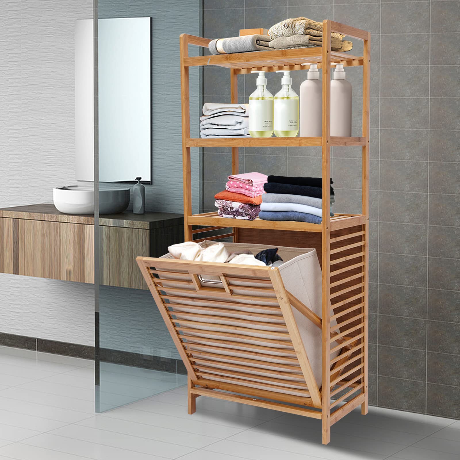 4-Tier Bamboo Laundry Hamper Organizer - Freestanding Clothes Storage Shelf Rack for Bathroom, Bedroom & Nursery - Perfect for Sorting Dirty Laundry, Storing Towels & Organizing Small Spaces