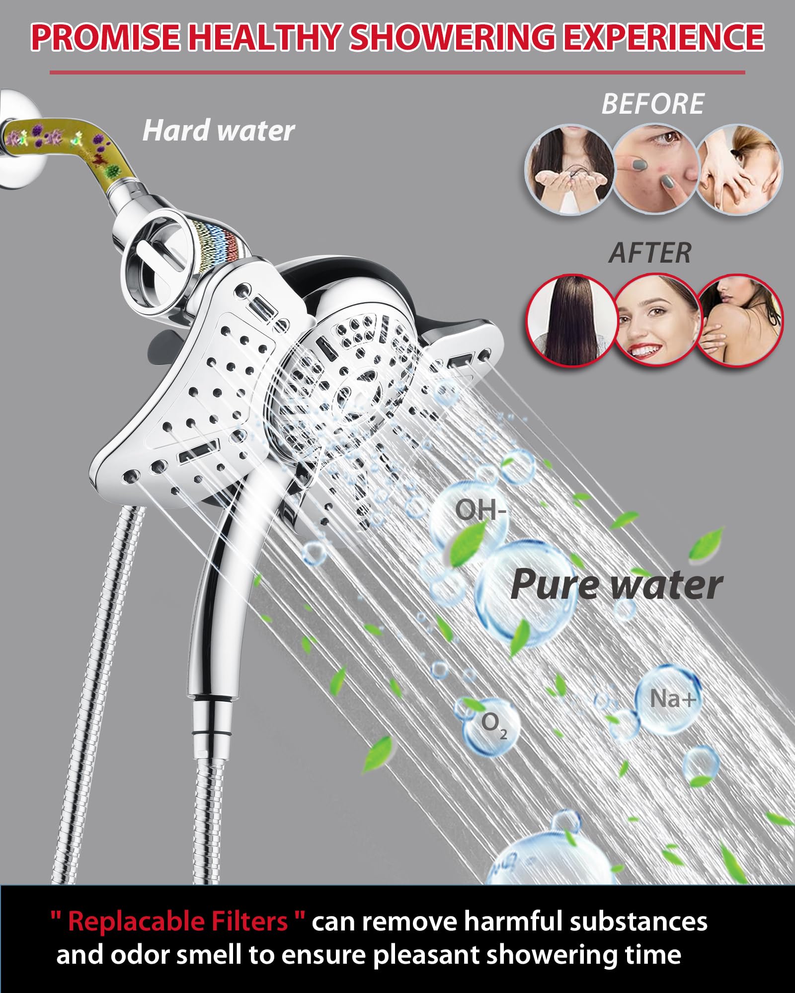 GRICH 2-in-1 Filtered Shower Head with Handheld Spray - 2.5GPM Rainfall Shower Combo with 60 Inch Hose - Perfect for Bathroom Renovation & Spa-Like Experience at Home