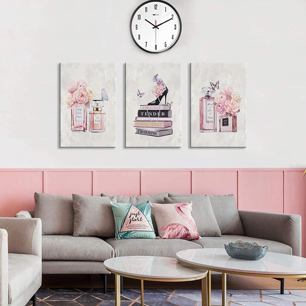 WANBOYA 3-Piece Pink Flower Perfume Modern Art Canvas Prints - Fashion Women's Wall Decor with Book & High Heel Design (16