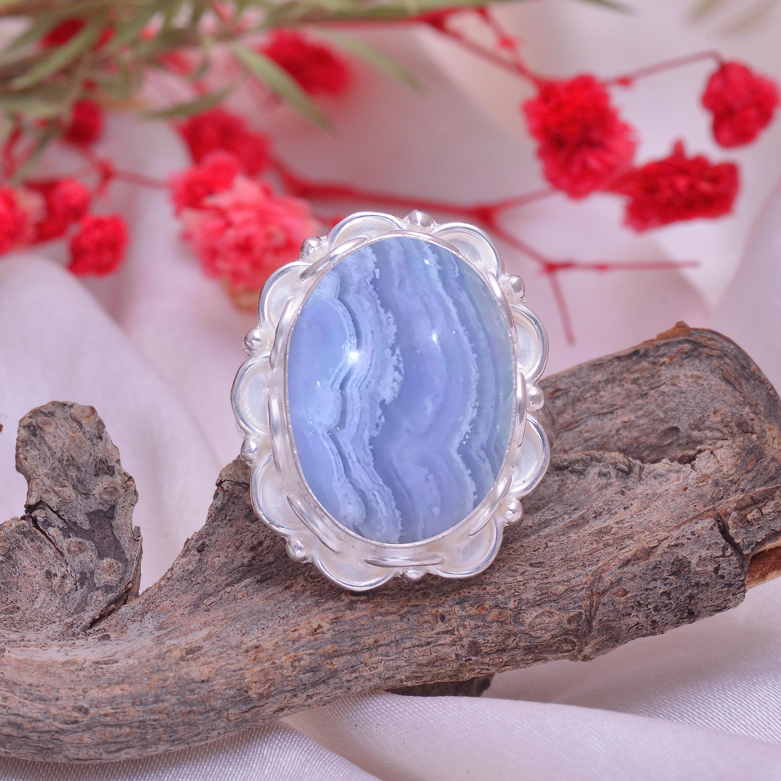 Veracity Jewelry Blue Lace Agate Rings for Women - 925 Sterling Silver Healing Meditation Rings with Natural Blue White Gemstone - Elegant Designer Jewelry Gift for Mom, Wife, Birthday & Spiritual Healing (VSR-936) | Perfect for Yoga, Meditation, Energy Healing & Special Occasions
