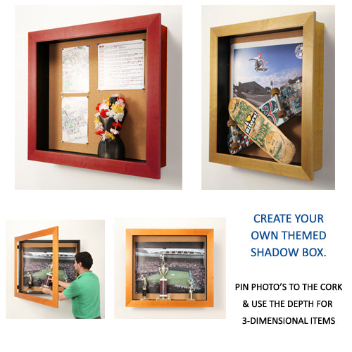 Stylish Wide Wood Framed Cork Board Shadow Box - 4 Inch Deep Swing Frame - 12 Sizes Available - Perfect for Home Office, Dorm Room & Classroom Organization