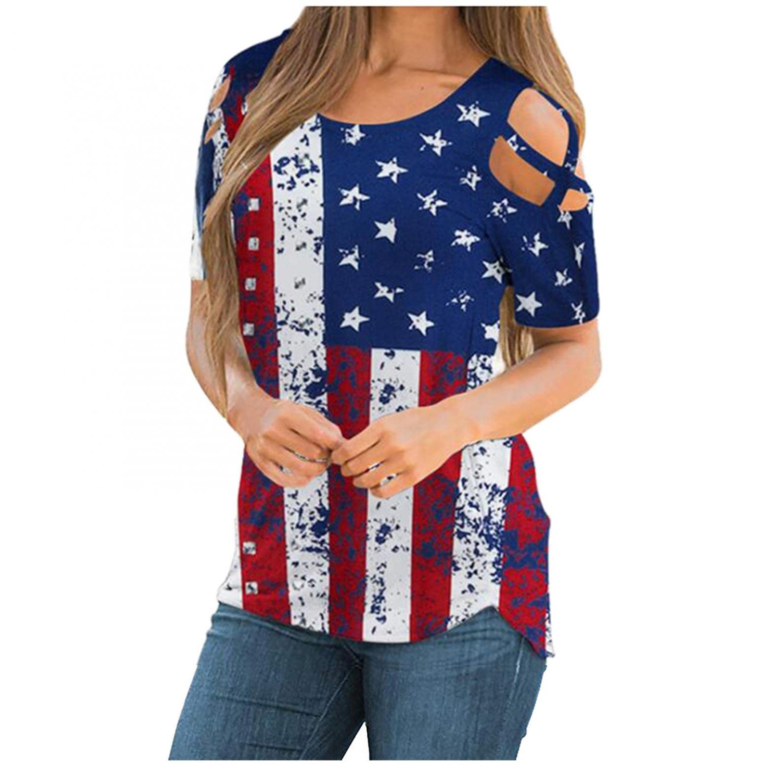 Women's Sunflower Print Summer T-Shirt - Short Sleeve Strappy Cold Shoulder Tunic Top for Casual Wear, Beach Outfits & Vacation Style