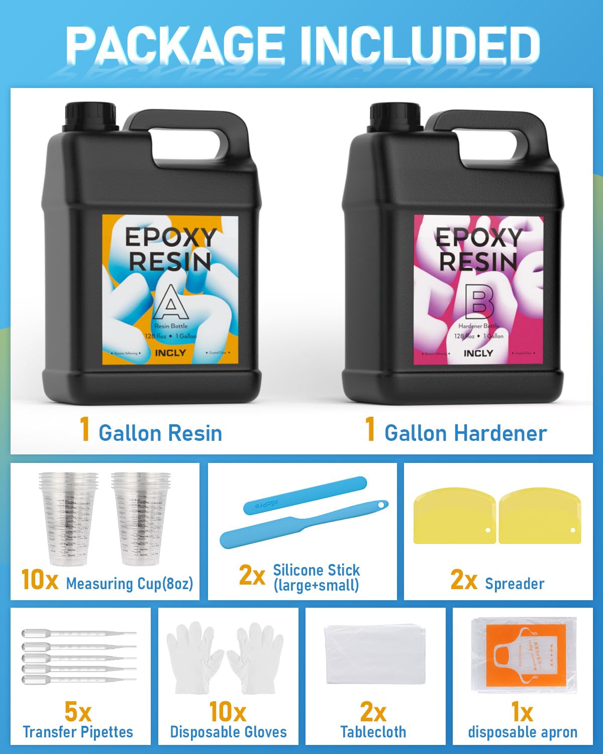 INCLY 2 Gallon Crystal Clear Epoxy Resin Kit - Bubble Free, Non-Yellowing for Jewelry Making, DIY Crafts, Table Tops, Molds - Includes Mixing Cups & Sticks - Self-Leveling 1:1 Ratio - Perfect for Home Decor, River Tables & Resin Art Projects