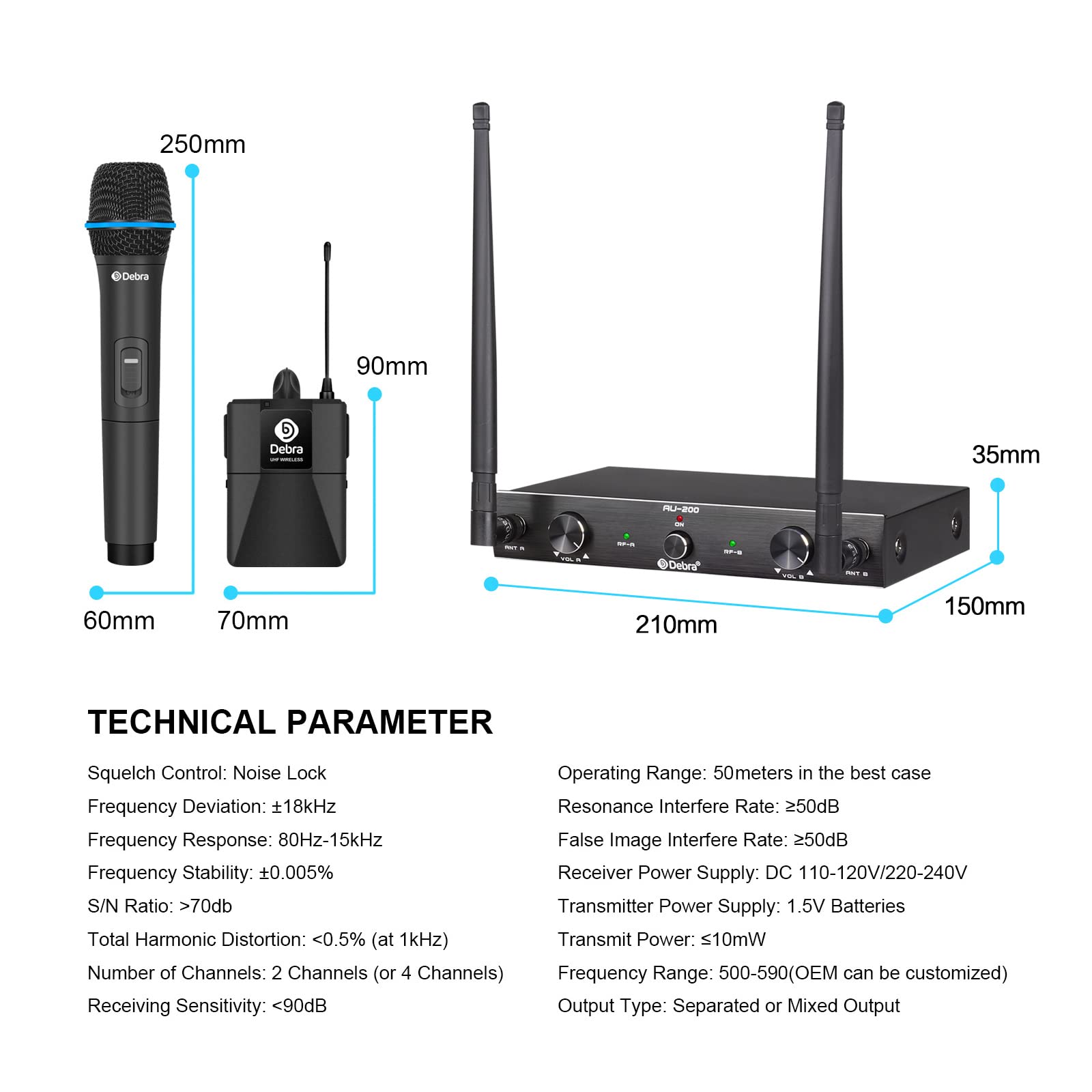 Debra Audio AU200 Pro UHF 2 Channel Wireless Microphone System - Dual Cordless Handheld & Lavalier Headset Mics with Metal Receiver - Ideal for Karaoke, Church Events, Parties & Live Performances