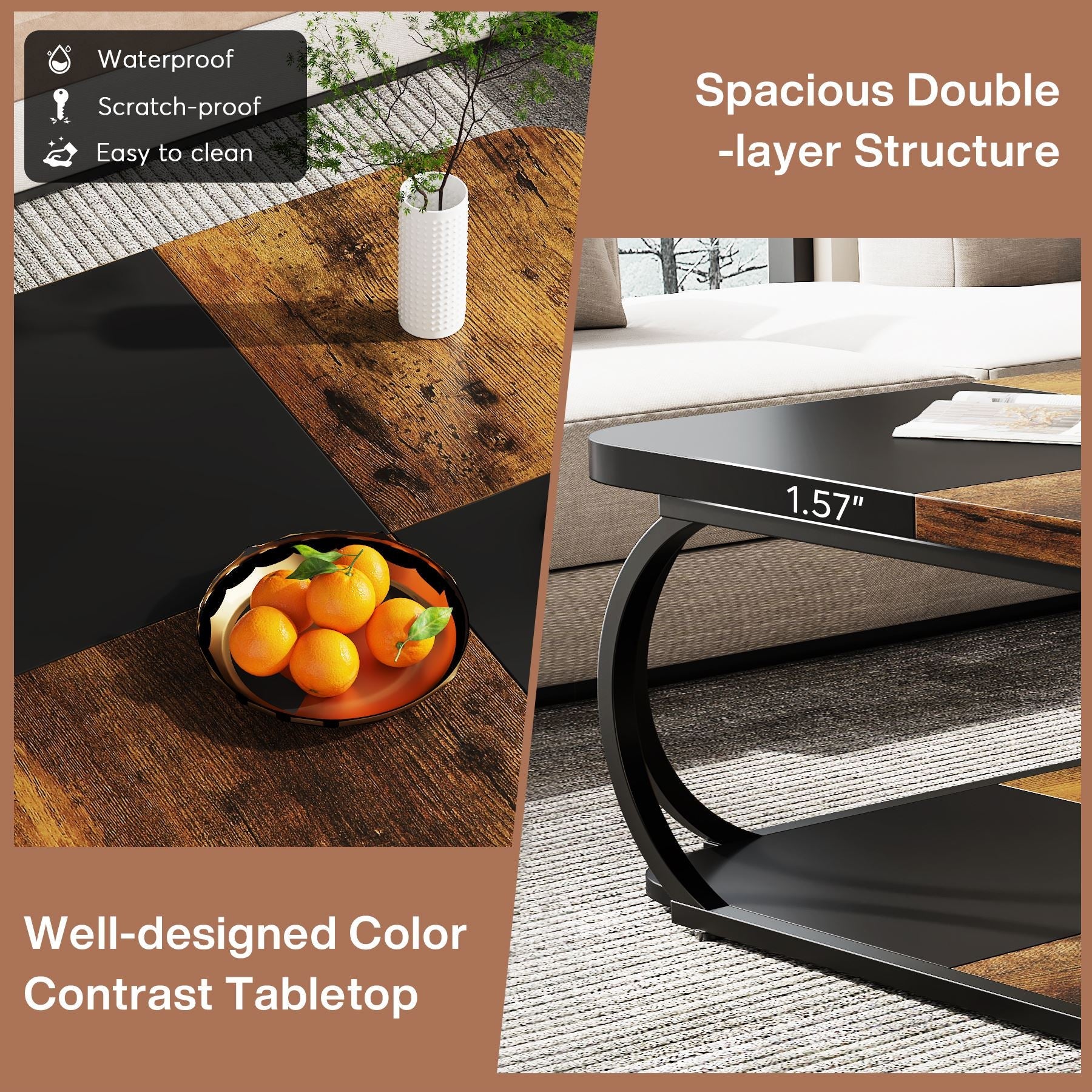 Modern Square Coffee Table with 2-Tier Shelves - 39 Inch Center Cocktail Table for Living Room - Perfect for Small Spaces, Home Decor & Entertaining Guests