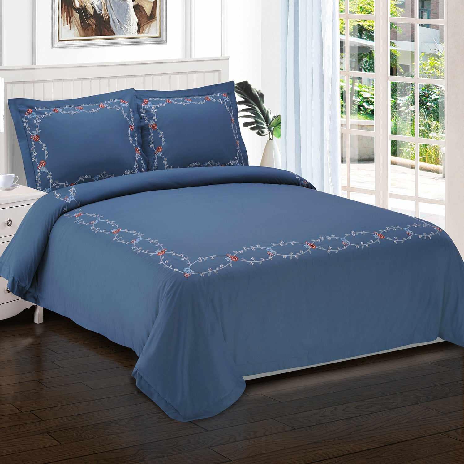 Helena Embroidered Floral Cotton Duvet Cover Set - Queen Size Bedding with Pillowcases - Soft & Breathable for Comfortable Sleep - Perfect for Master Bedroom, Guest Room & Dorm Decor