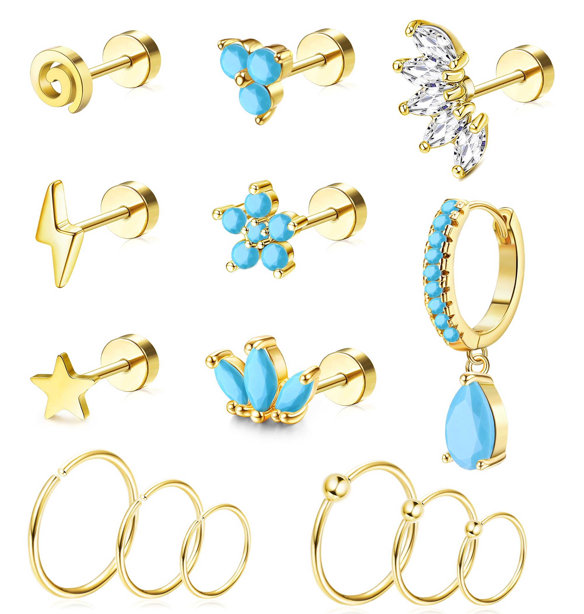 14Pcs Surgical Steel Cartilage Earrings Set - Tragus, Rook, Daith Hoop Studs for Women | Turquoise Body Jewelry for Pierced Ears | Perfect for Daily Wear, Parties & Gifts