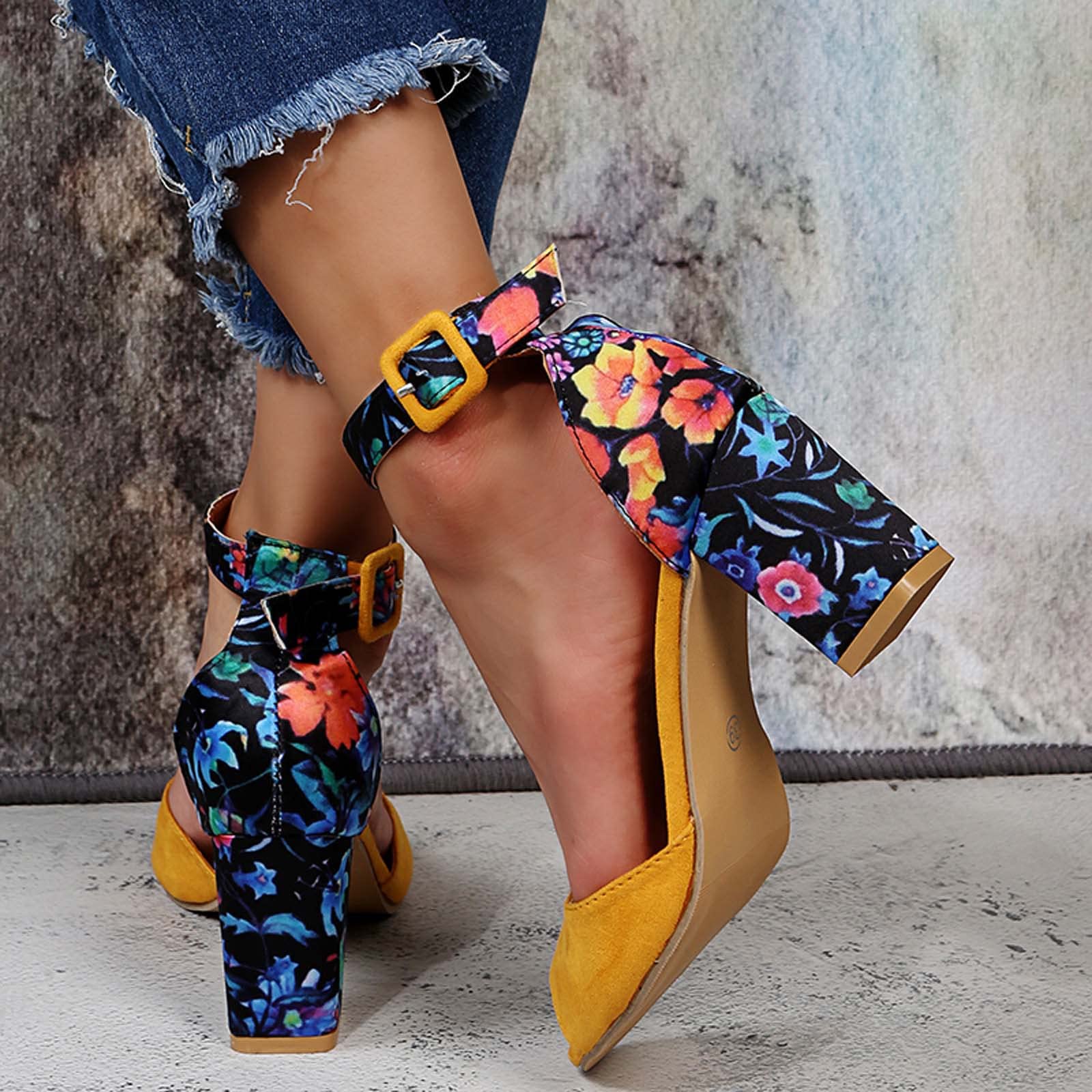 Women's Floral Chunky Heel Sandals with Ankle Strap & Buckle - Open Toe Summer Casual Shoes for Women | Comfortable High Heels Perfect with Jeans, Dresses & Summer Outfits