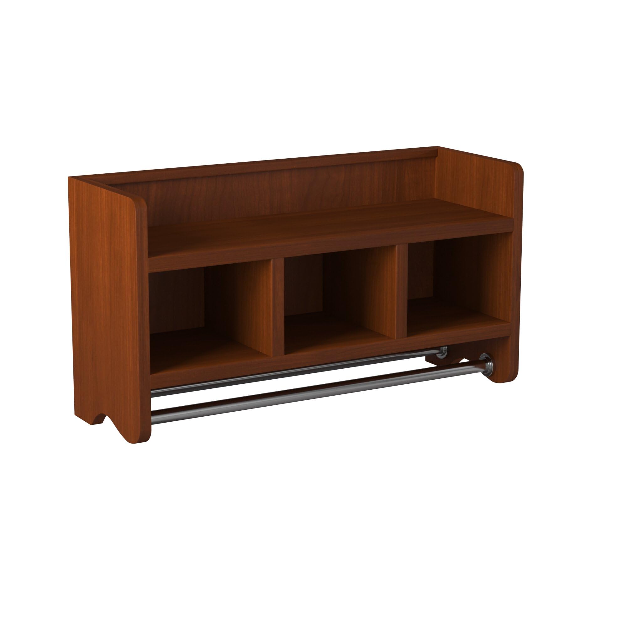 25-Inch Bathroom Storage Shelf with Dual Towel Rods - Wall Mounted Organizer with 3 Cubbies & Top Shelf, Easy Installation, Chestnut Finish - Perfect for Bathroom, Mudroom & Laundry Room Organization