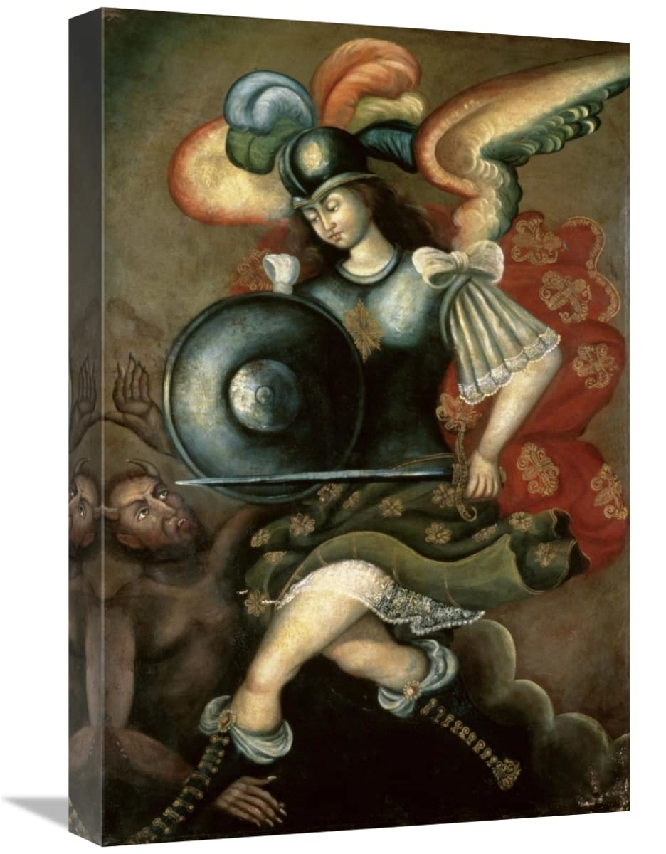 22 Inch Archangel Saint Michael Religious Art Print - Handmade Peruvian School Painting for Home Decor & Spiritual Inspiration