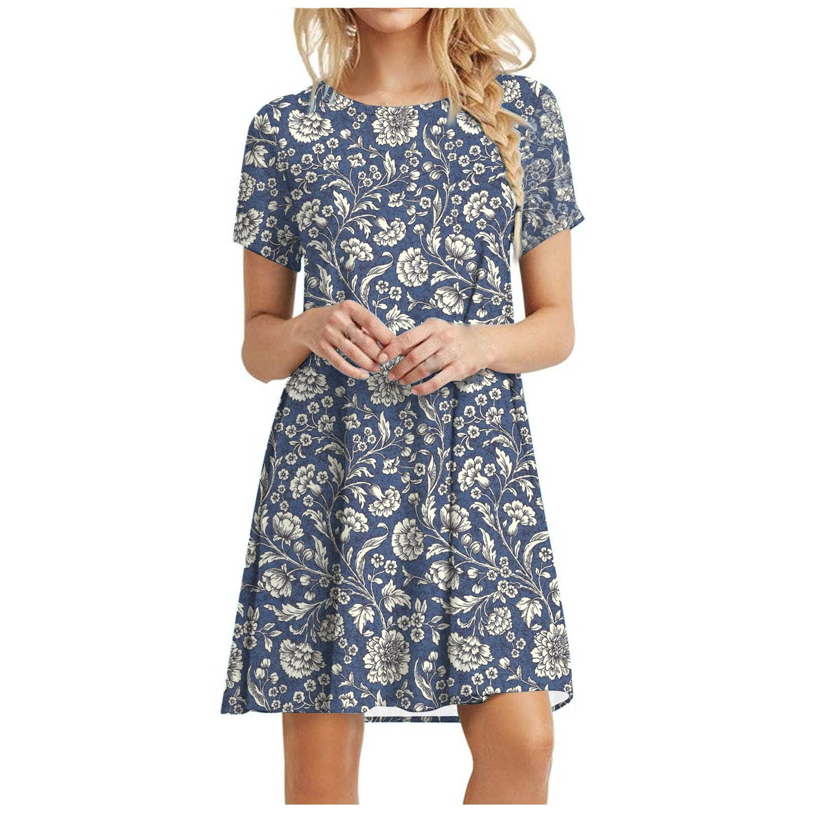 Women's Summer T-Shirt Dress - Short Sleeve Boho Floral Print Casual Pleated Swing Dress | Beach Party, Vacation, Outdoor & Daily Wear