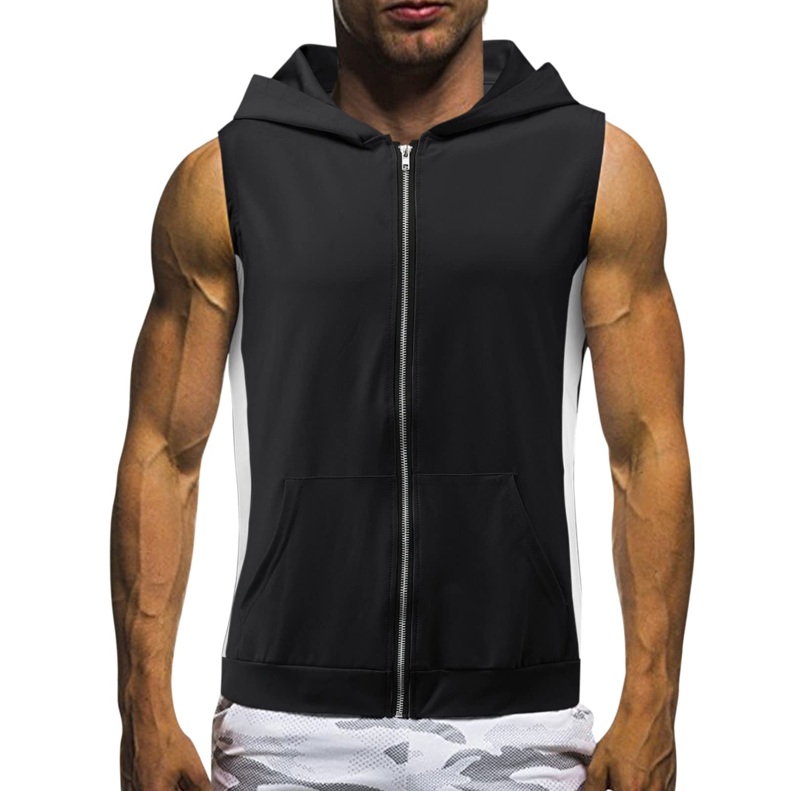 Men's Gym Tank Top - Casual Fitness Hooded Sleeveless Shirt with Zipper & Pocket - Solid Color Workout Vest for Running, Weightlifting & Streetwear