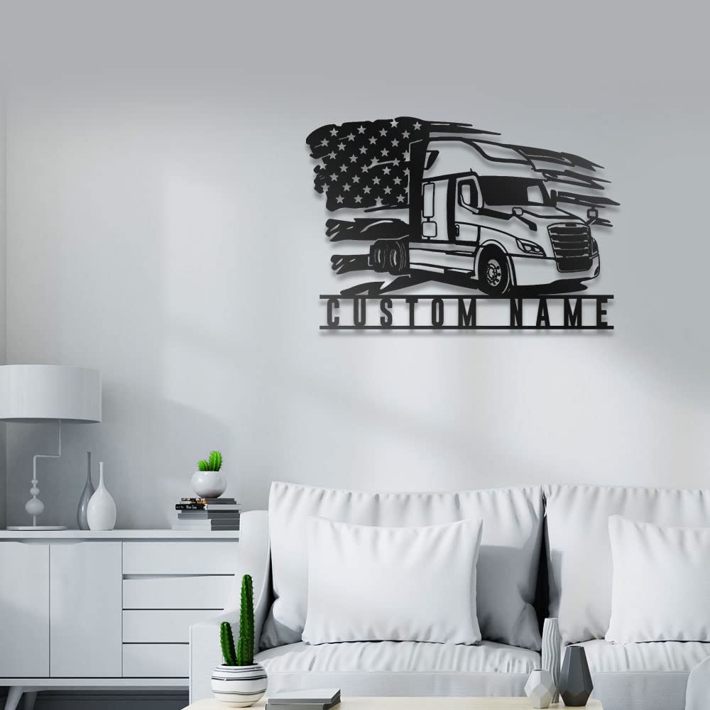 Custom Cascadia Truck Metal Wall Art with LED Lights - Personalized Trucker Black Metal Sign for Living Room, Outdoor Decor - Large 24x24 Inch Home Gift for Truck Drivers - Perfect for Man Cave, Garage & Office Decor