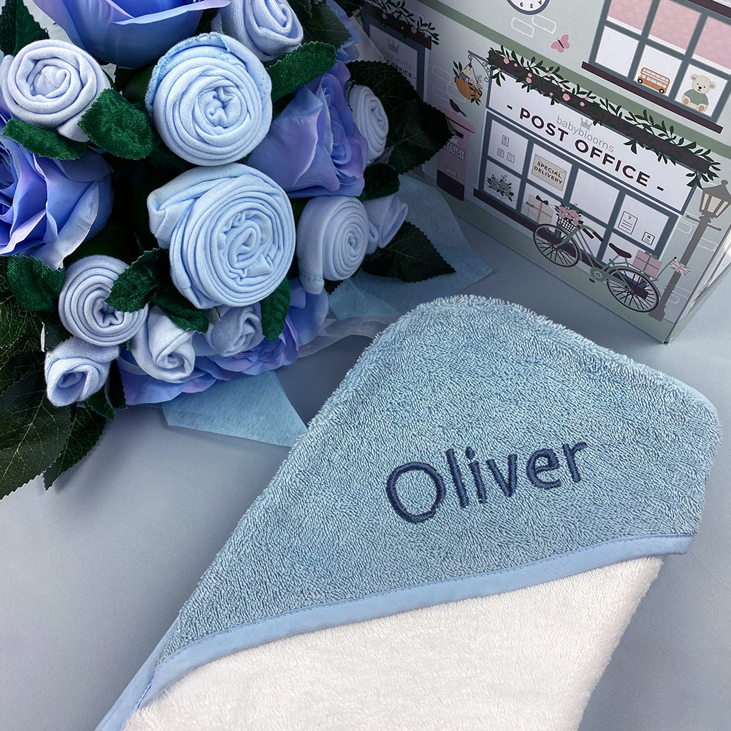 Luxury Rose Baby Clothes Bouquet & Personalized Baby Towel Set - Blue | Newborn Gift, Baby Shower Present, Christening Outfit, Photo Prop