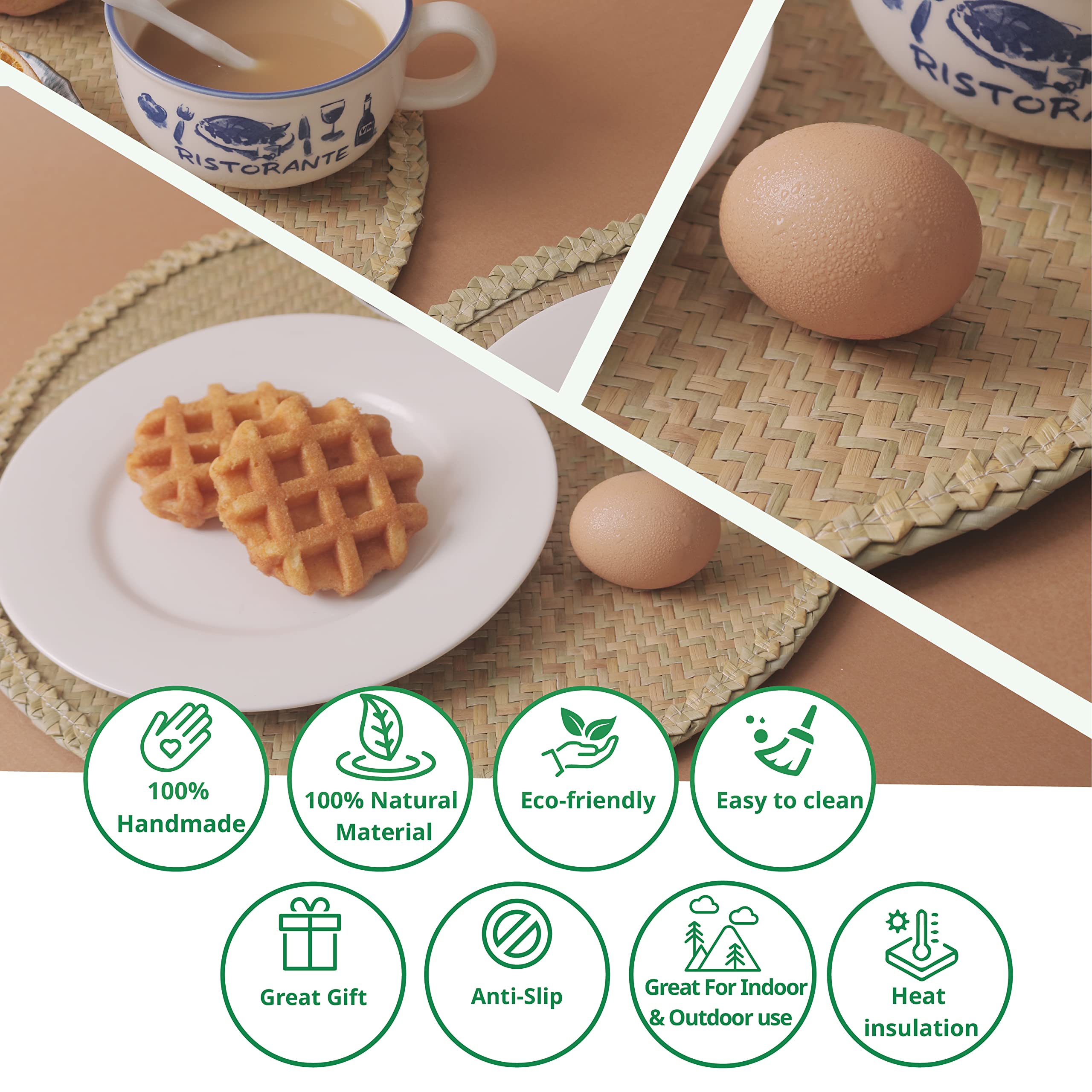 Handwoven Round Grass Placemats Set of 6 - 14.6 Inch Natural Fiber Table Mats - Heat Resistant & Non-Slip Kitchen Dining Mats - Farmhouse Style Braided Placemats for Everyday Meals, Dinner Parties, and Rustic Home Decor