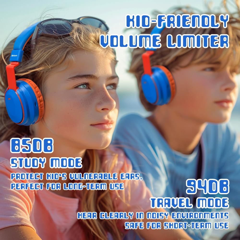 Bluetooth 5.3 Wireless Kids Headphones - 60H Playtime, Volume Limited 85/110dB, Over-Ear Foldable Design with Aux Cable & Mic - Compatible with iPad, Tablet, Notebook - Perfect for School, Travel, Home Use (Blue)