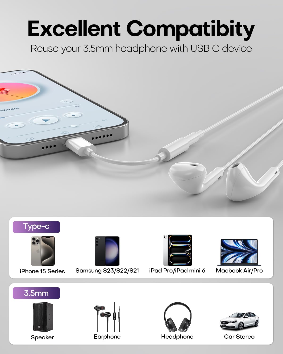 USB C to 3.5mm Headphone Jack Adapter for iPhone 16/15 Series, iPad Pro, Galaxy S24/S23 Ultra & Pixel 9 - White | Digital Audio Dongle for Music, Gaming & Calls | High-Quality USB-C to Aux Cable