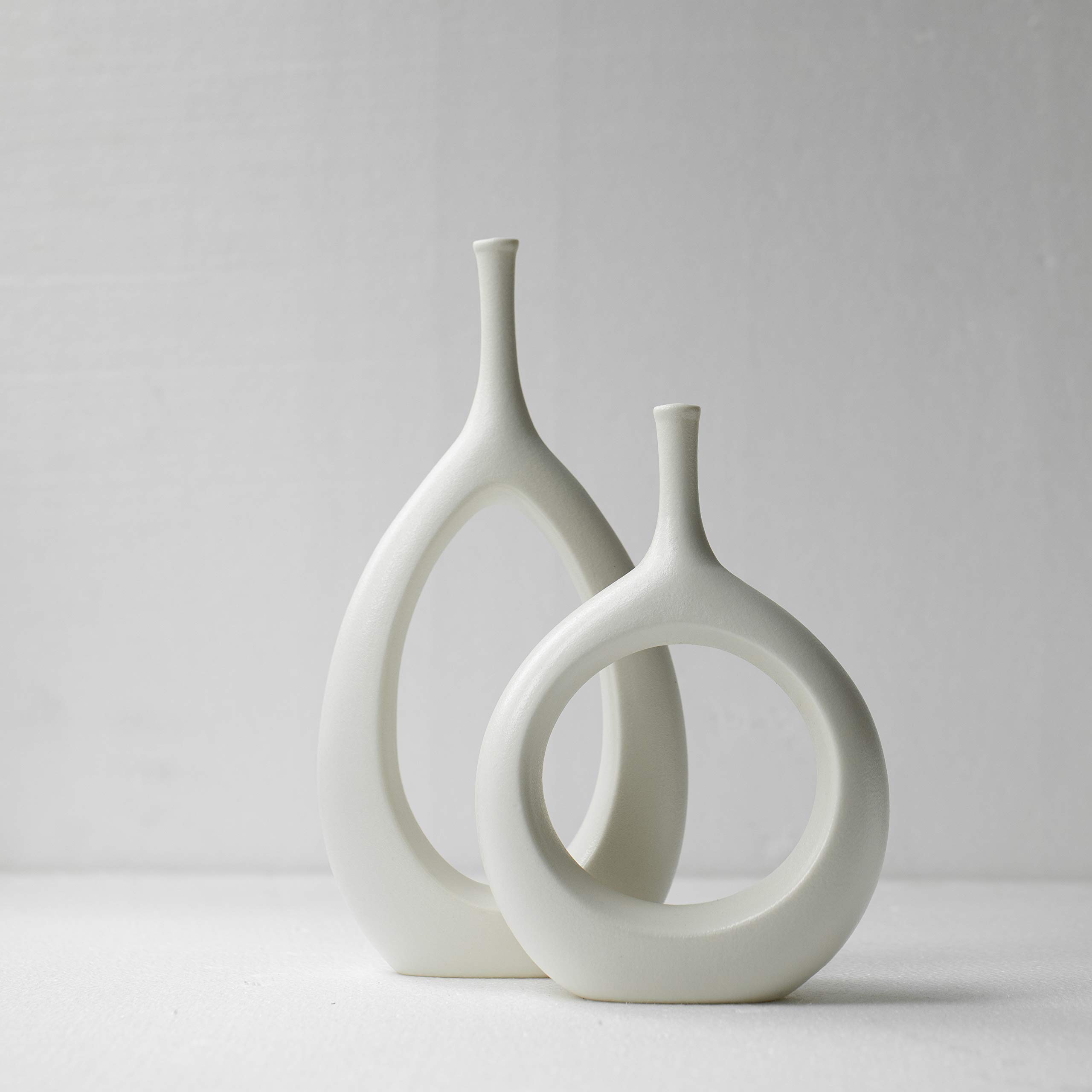 2 Pack White Modern Ceramic Bud Vases - Minimalist Home Decor for Fireplace, Dining Table & Shelf Display - Mid Century Style Sculptural Vase Set for Flowers & Decorative Arrangements