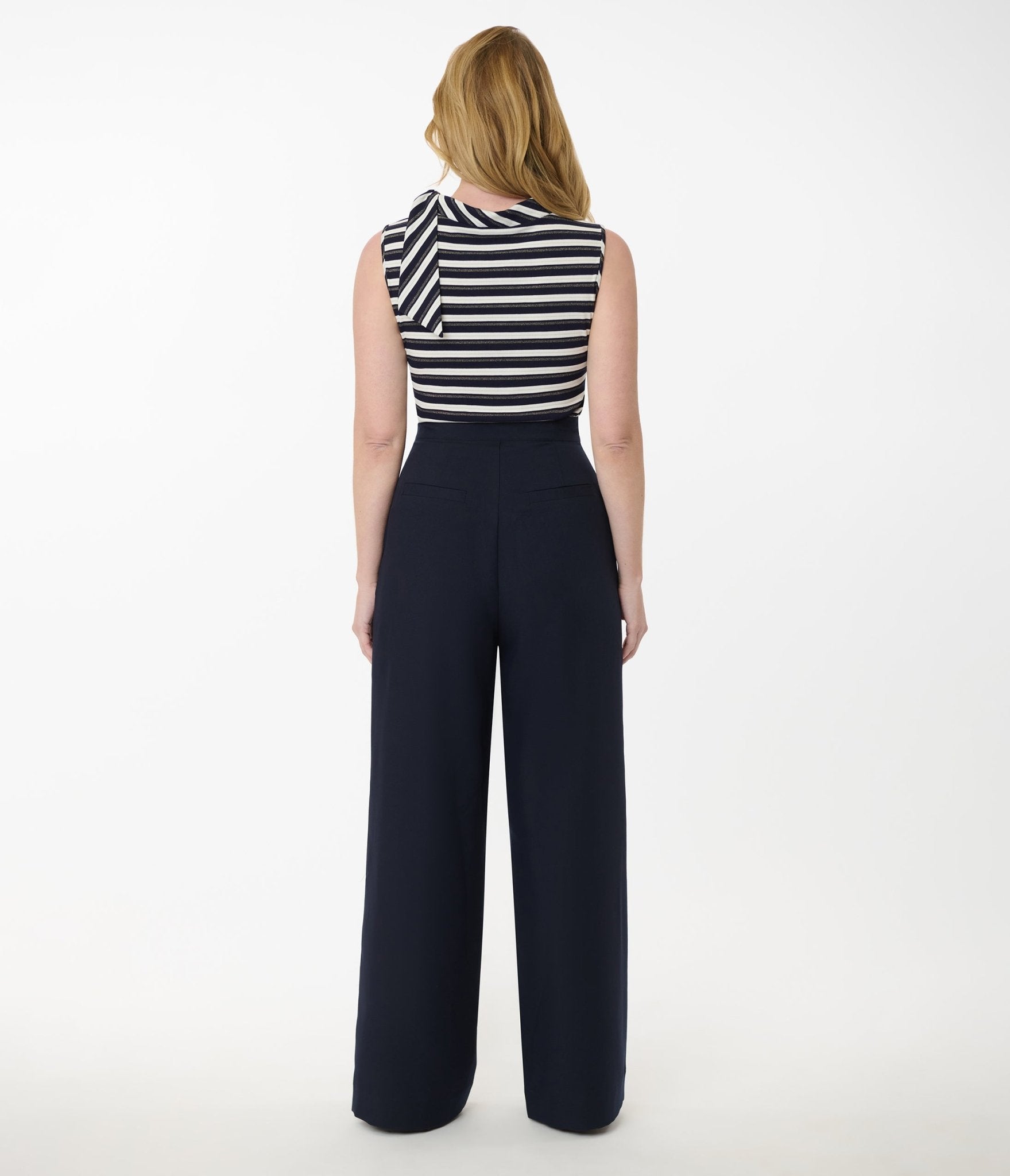 Smak Parlour Navy & Silver Button Wide Leg Sailor Pants - Women's High Waisted Trousers for Office, Cruise & Nautical Style Outfits
