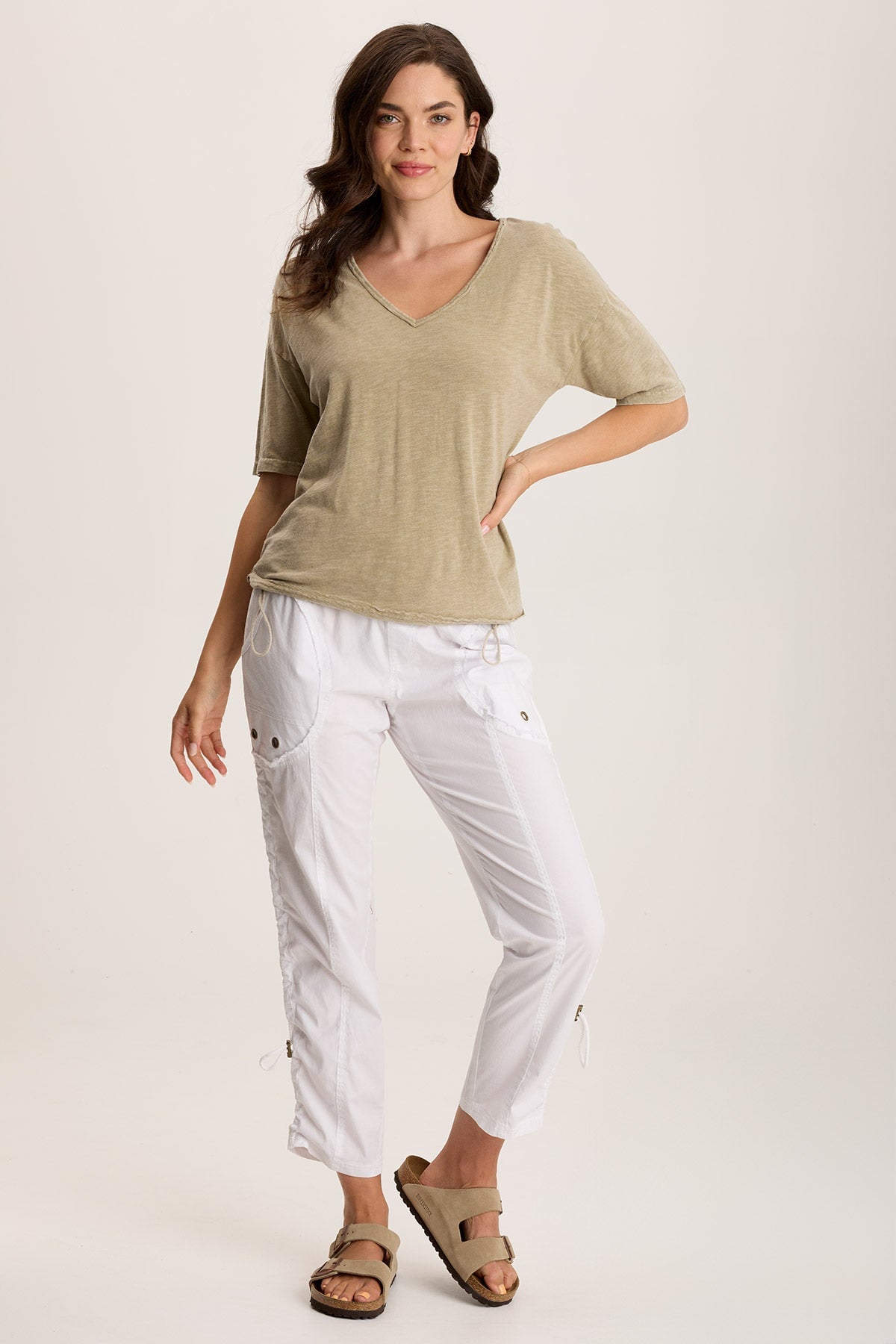 Rajni V Neck Cinchable Hem Tee for Women - Stylish Adjustable Fit Casual T-Shirt - Perfect for Everyday Wear, Work, and Outings