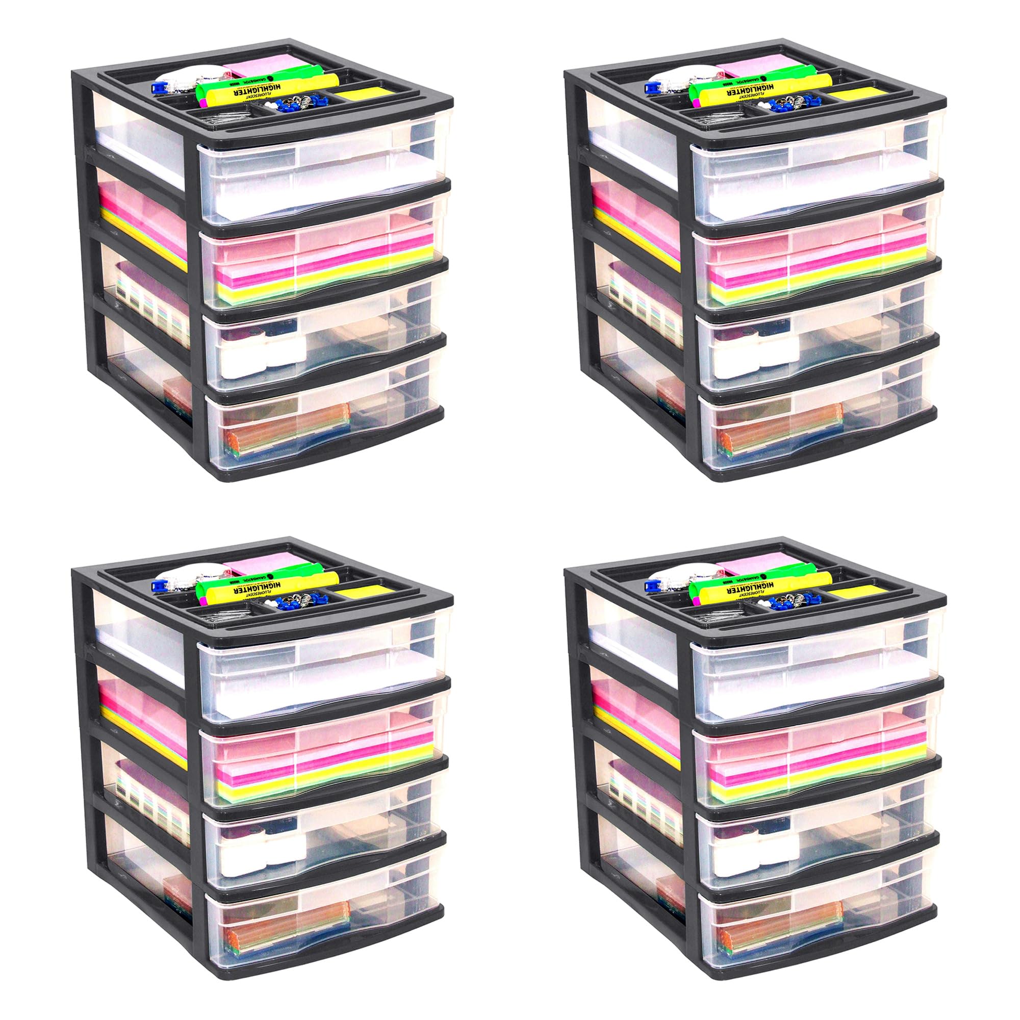 Gracious Living 4-Drawer Desktop Organizer - Black/Clear Storage Box for Office, School & Craft Supplies (4-Pack) | Perfect for Desk Organization, Classroom Storage & Craft Room Accessories