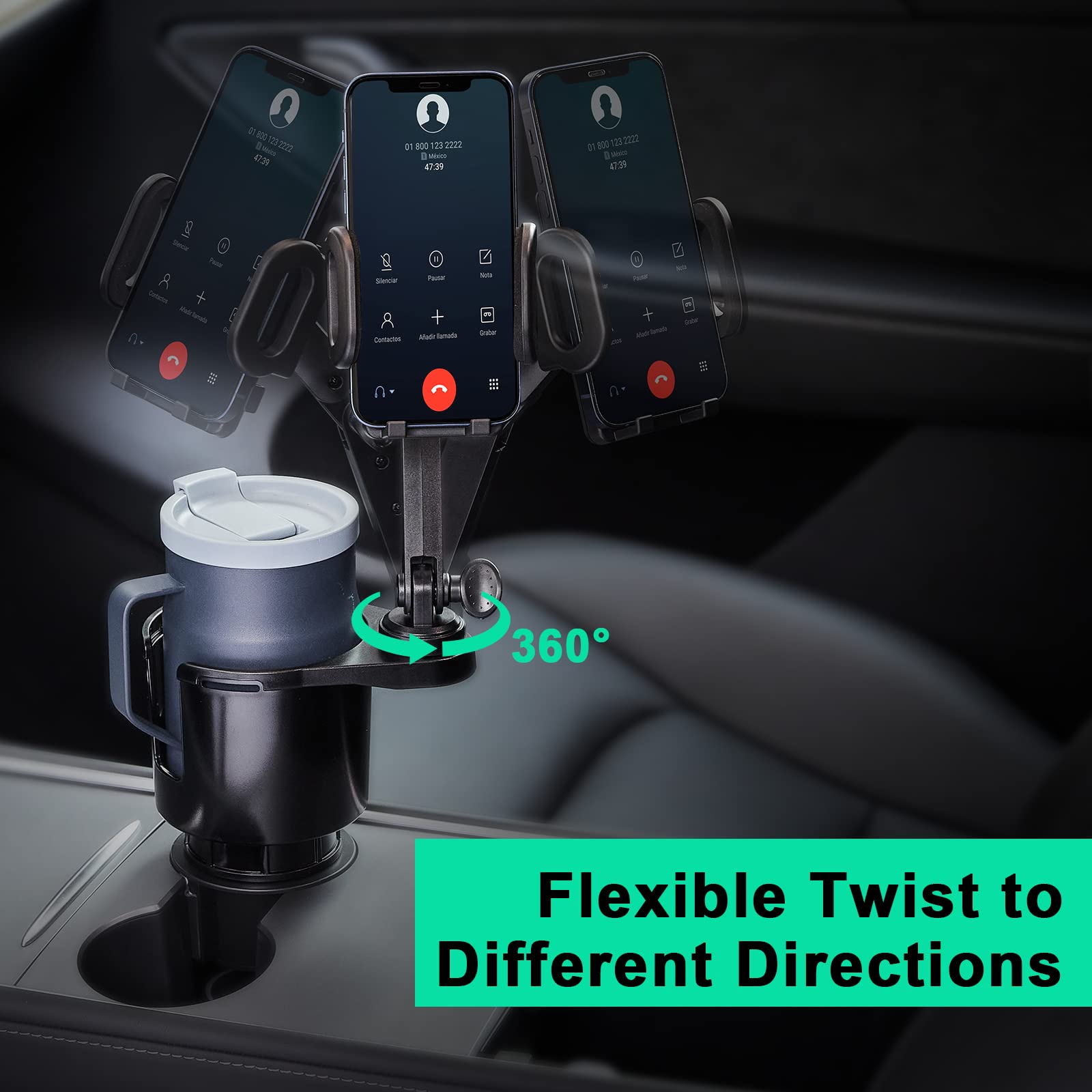 2-Pack Universal Car Cup Holder Expander with 360° Rotating Phone Mount - Compatible with Tesla, SUV, Truck, RV, Golf Cart & Smartphones - Perfect for Road Trips, Camping & Office Use