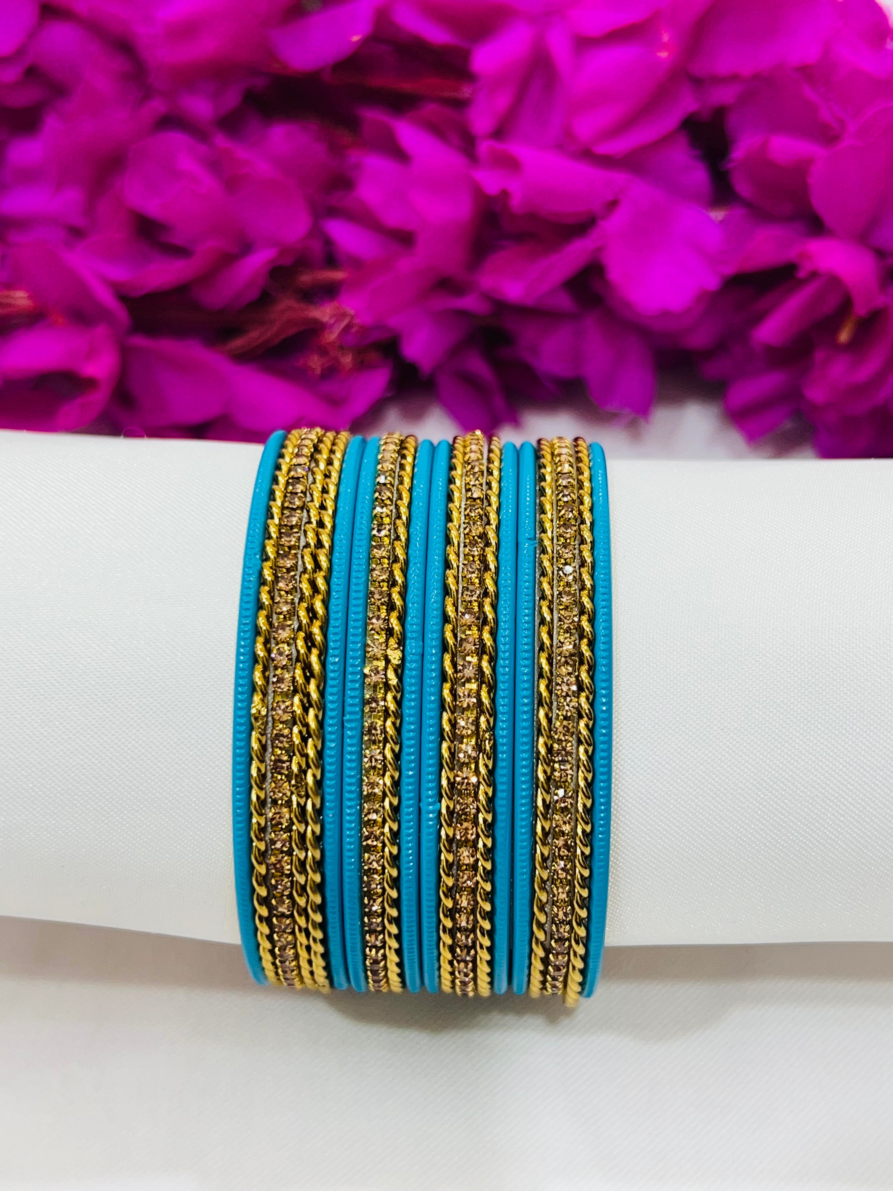 Stylish Sky Blue Metal Bangles with Elegant Gold Spiral Design - Trendy Women's Fashion Jewelry for Parties, Weddings & Everyday Wear