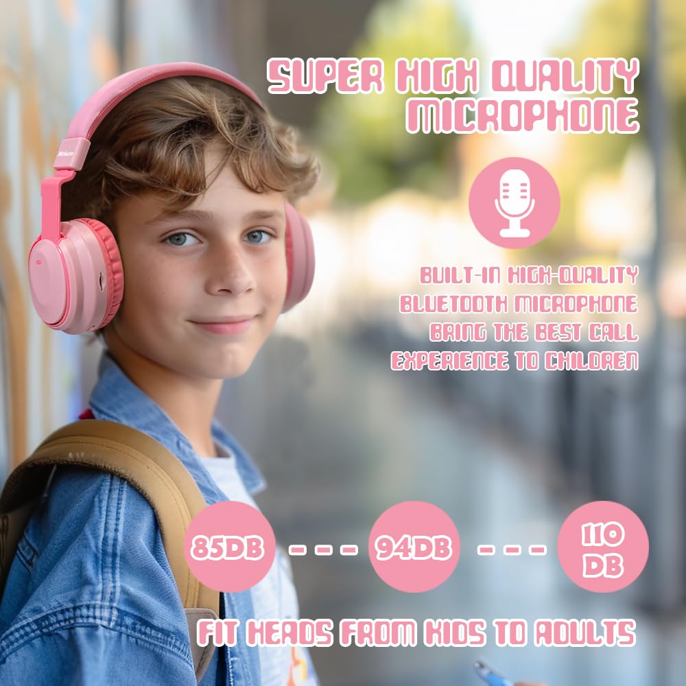Bluetooth 5.3 Wireless Kids Headphones - 60H Playtime, Volume Limited 85/110dB, Over-Ear Foldable Design with Aux Cable & Mic - Perfect for School, Travel, iPad, Tablet, Notebook (Pink) - Ideal for Online Classes, Airplane Trips & Home Learning