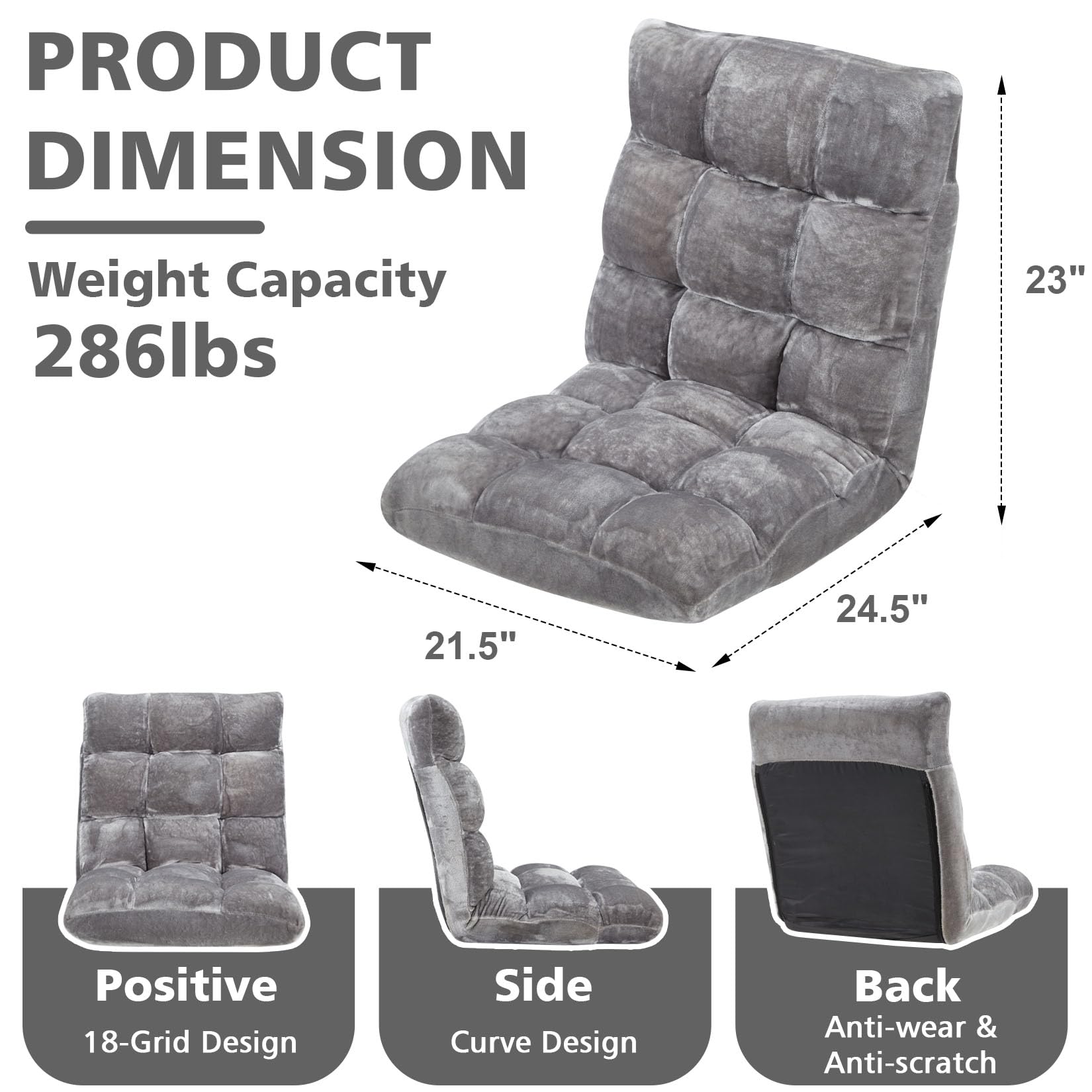 14-Position Adjustable Folding Floor Chair with Cushion - Breathable Cotton & Skin-Friendly Flannel - Perfect for Reading, Meditation, Yoga & Relaxing - Ideal for Adults & Kids - Grey Home Comfort Sofa Chair
