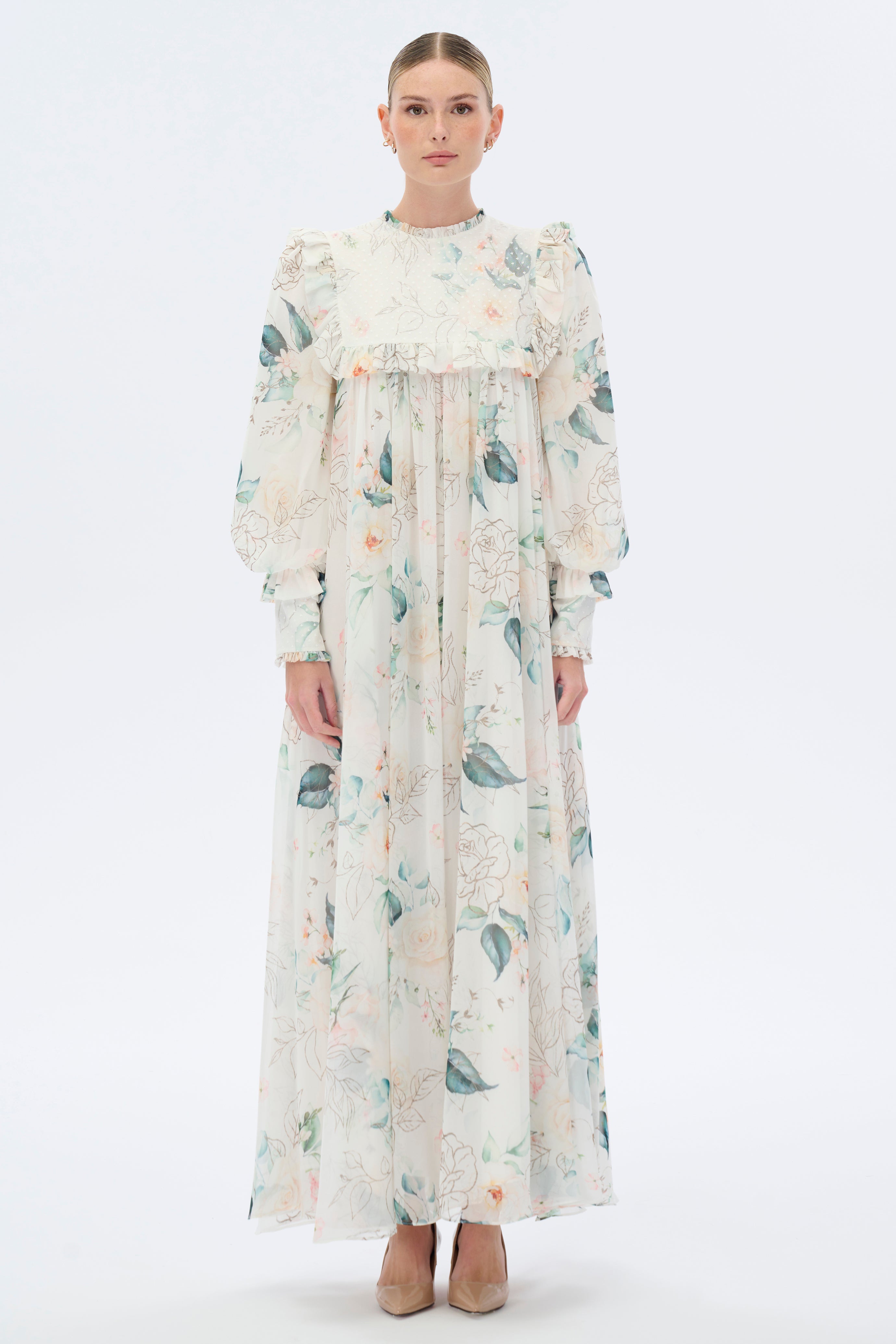 Elegant Floral Maxi Dress with Long Sleeves | Vintage French Inspired Summer Dress for Women | Perfect for Weddings, Vacations & Date Nights
