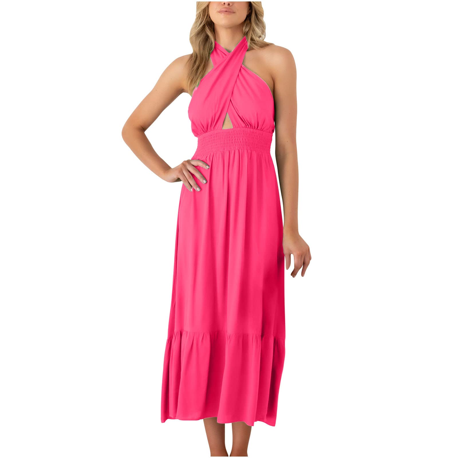 Boho Women's Maxi Dress - Cross Halter Neck Sleeveless Solid Color Backless Flowy A-Line Dress for Summer Beach Party, Wedding Guest, Vacation & Special Occasions | Sexy Flowy Green Dress